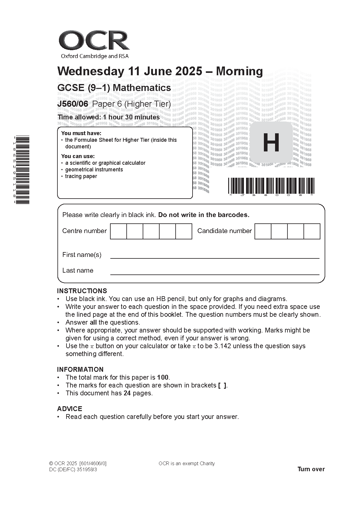 OCR GCSE Maths Paper 6 2025 Question Paper PDF IMG-1