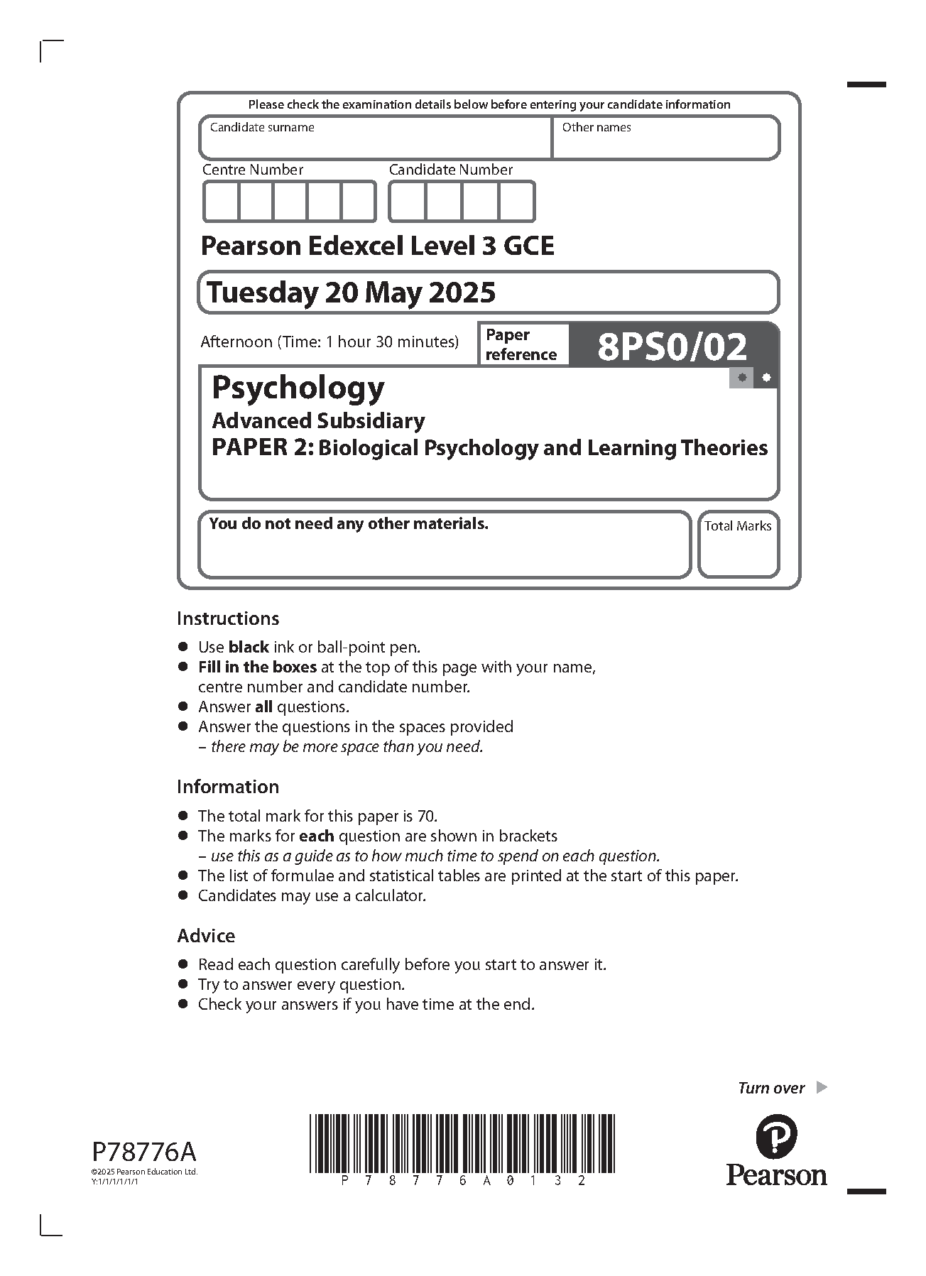 Pearson Edexcel AS Psychology Paper 2 2025 Question Paper