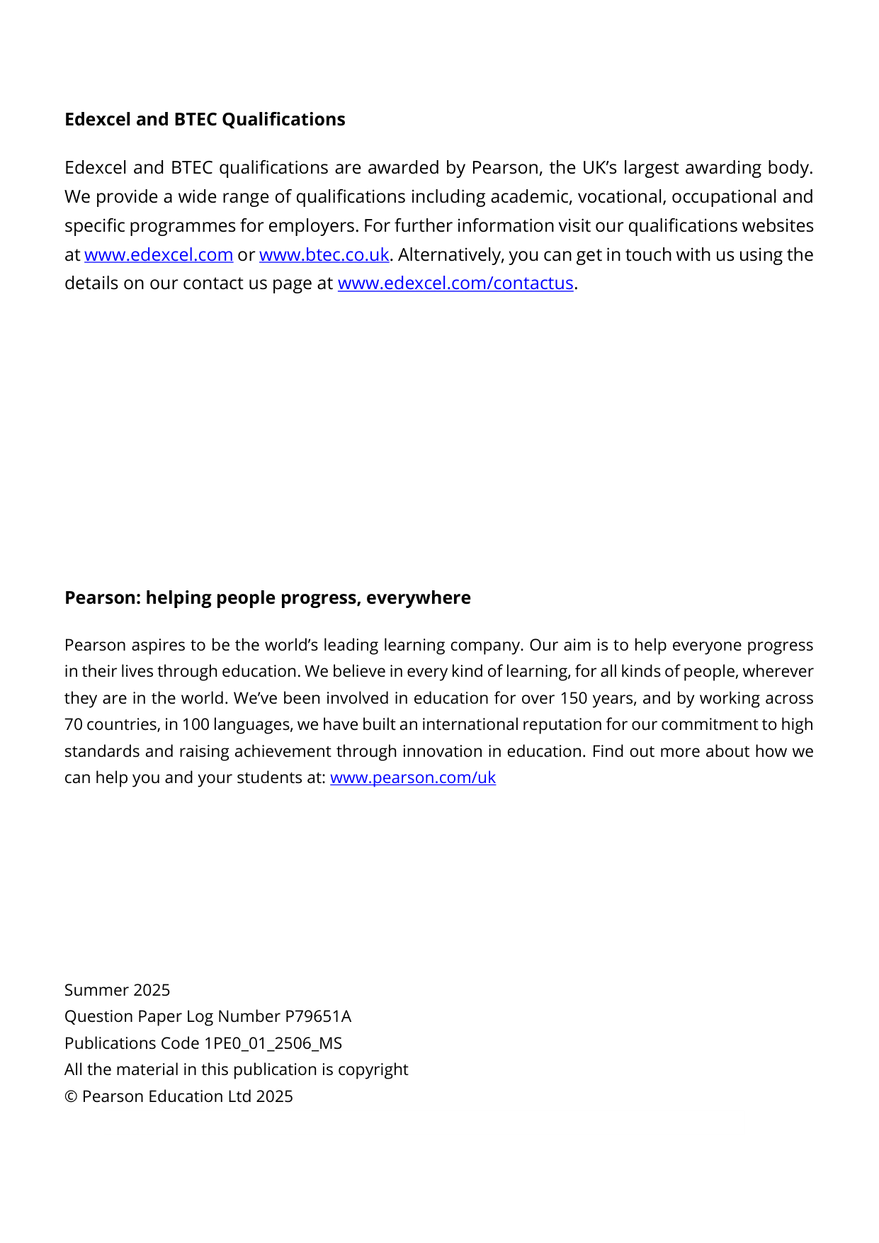 Pearson Edexcel GCSE Physical Education Paper 1 2025 MS PDF