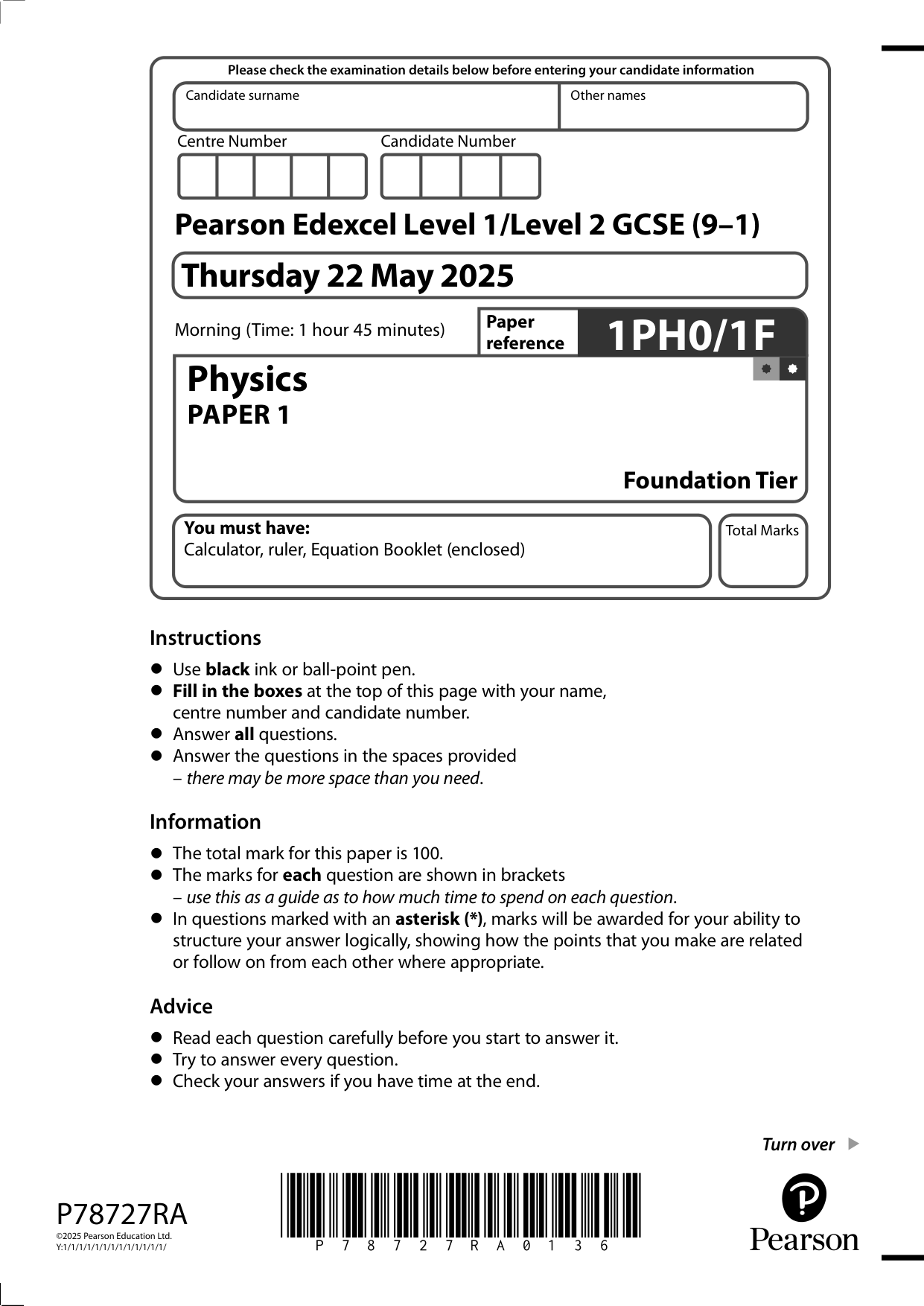 Pearson Edexcel GCSE Physics Paper 1F 2025 Question Paper