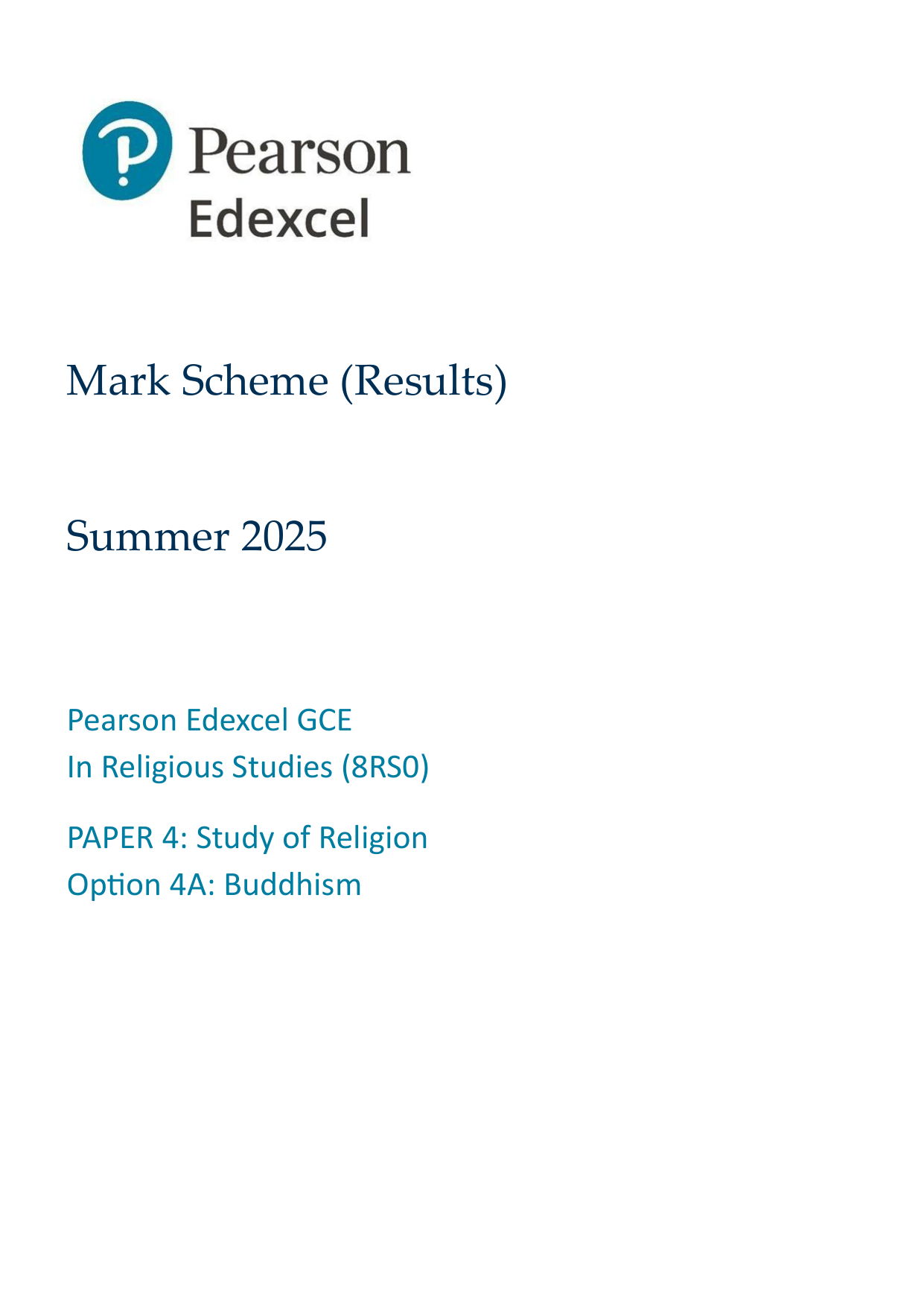 Pearson Edexcel AS Religious Studies Paper 4A 2025 Ms