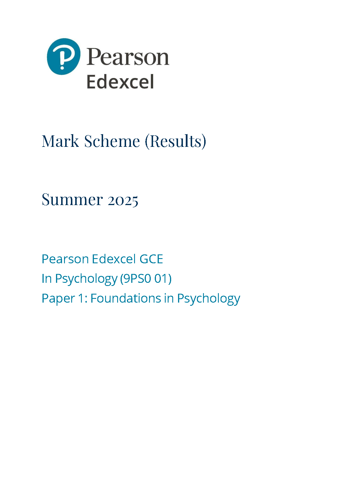 Pearson Edexcel A Level Psychology Paper 1 2025 Mark scheme IMG-1