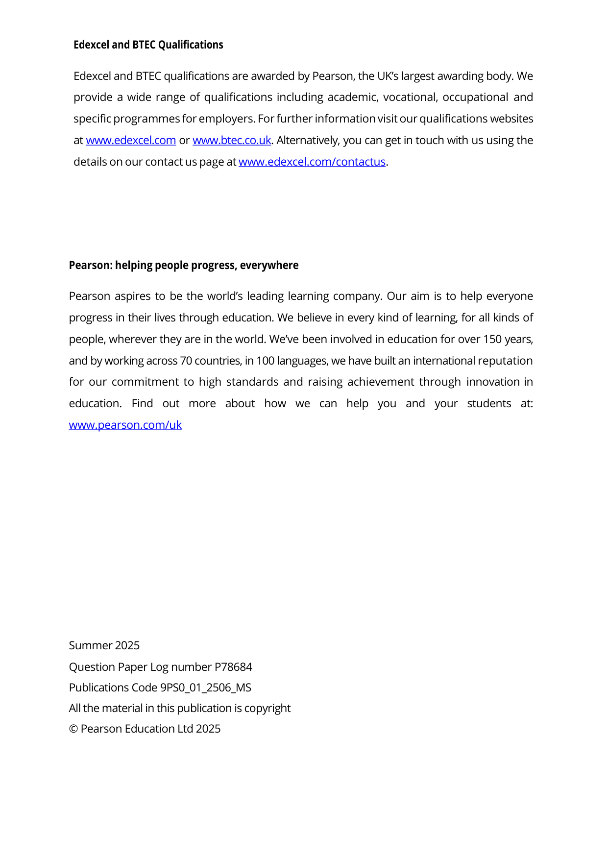 Pearson Edexcel A Level Psychology Paper 1 2025 Mark scheme