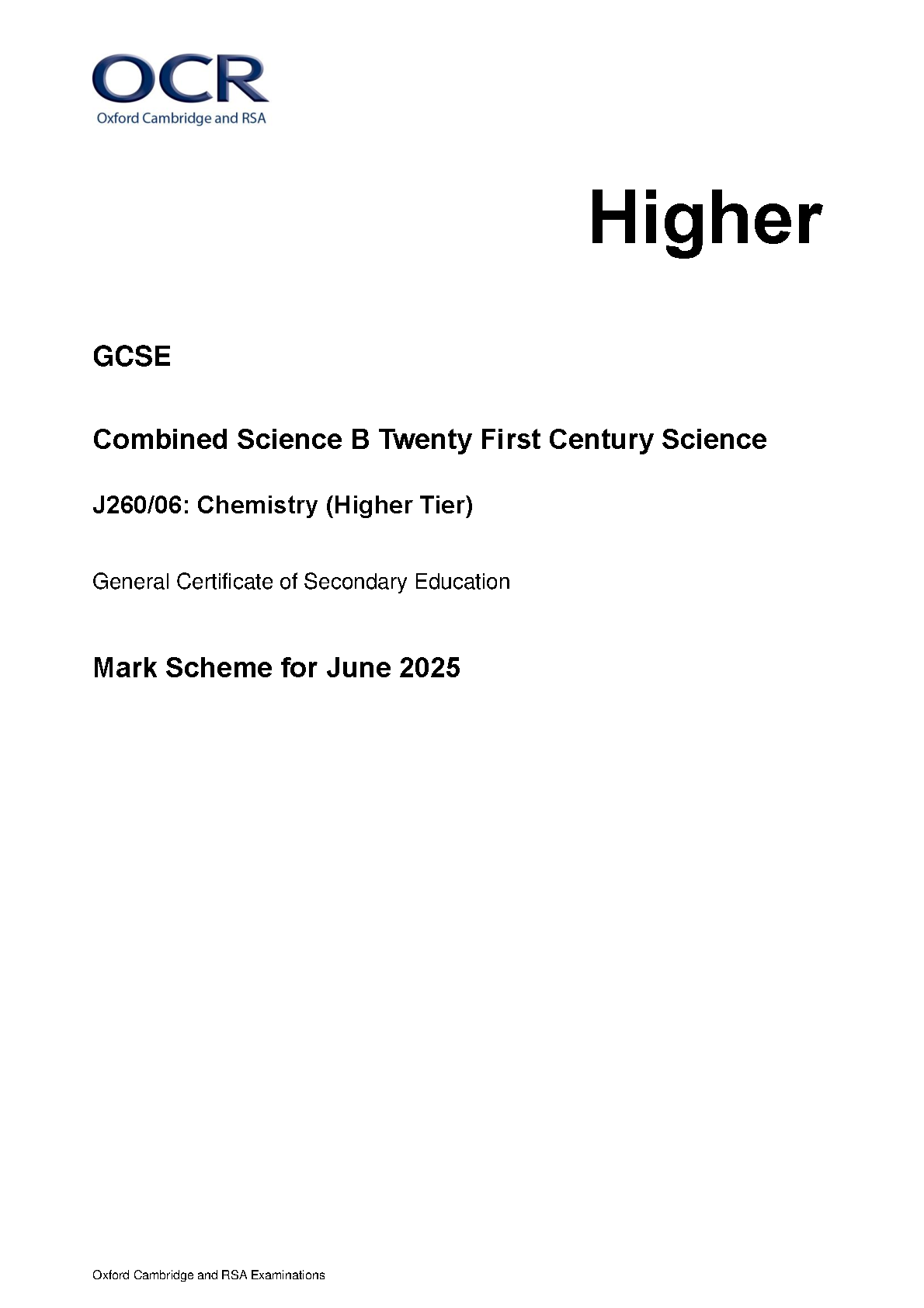 OCR GCSE Chemistry Paper 6 2025 Mark Scheme