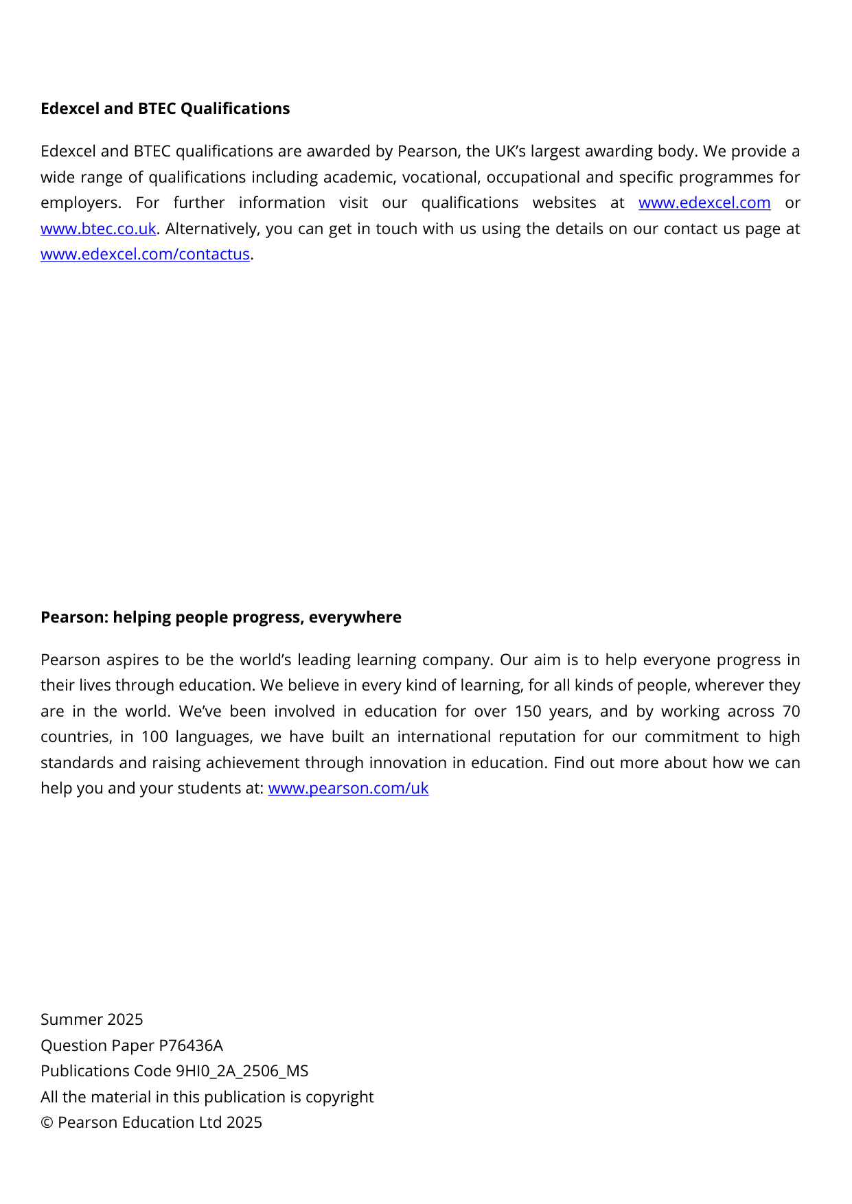 Pearson Edexcel A Level History Paper 2A 2025 Mark Scheme