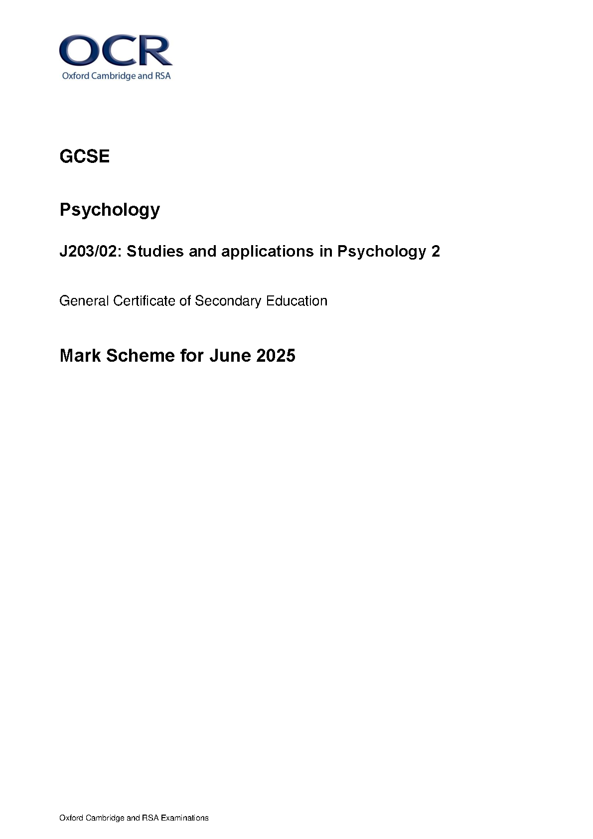OCR GCSE Psychology Paper 2 2025 Mark Scheme