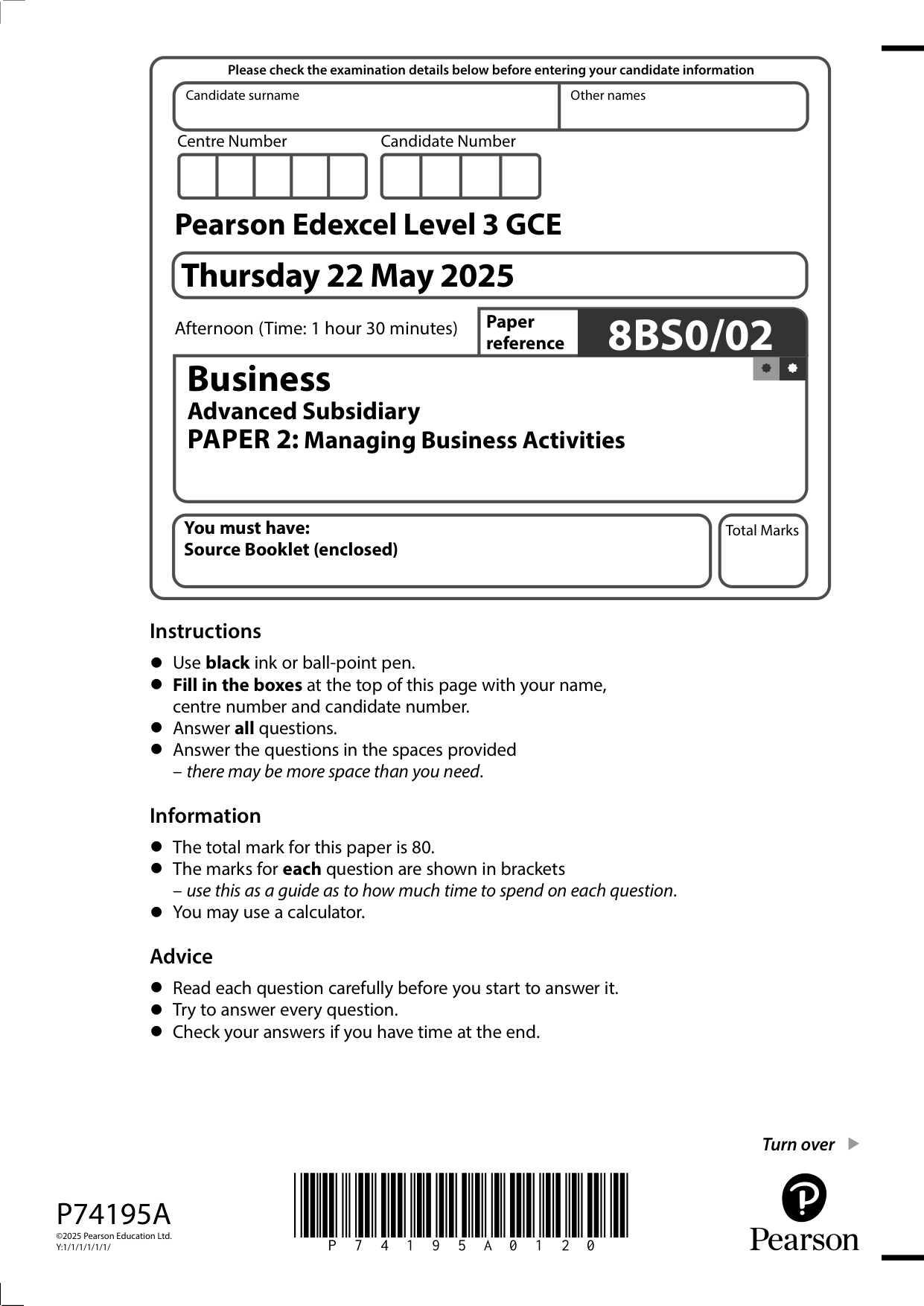 Pearson Edexcel AS Business Paper 2 2025 Question Paper