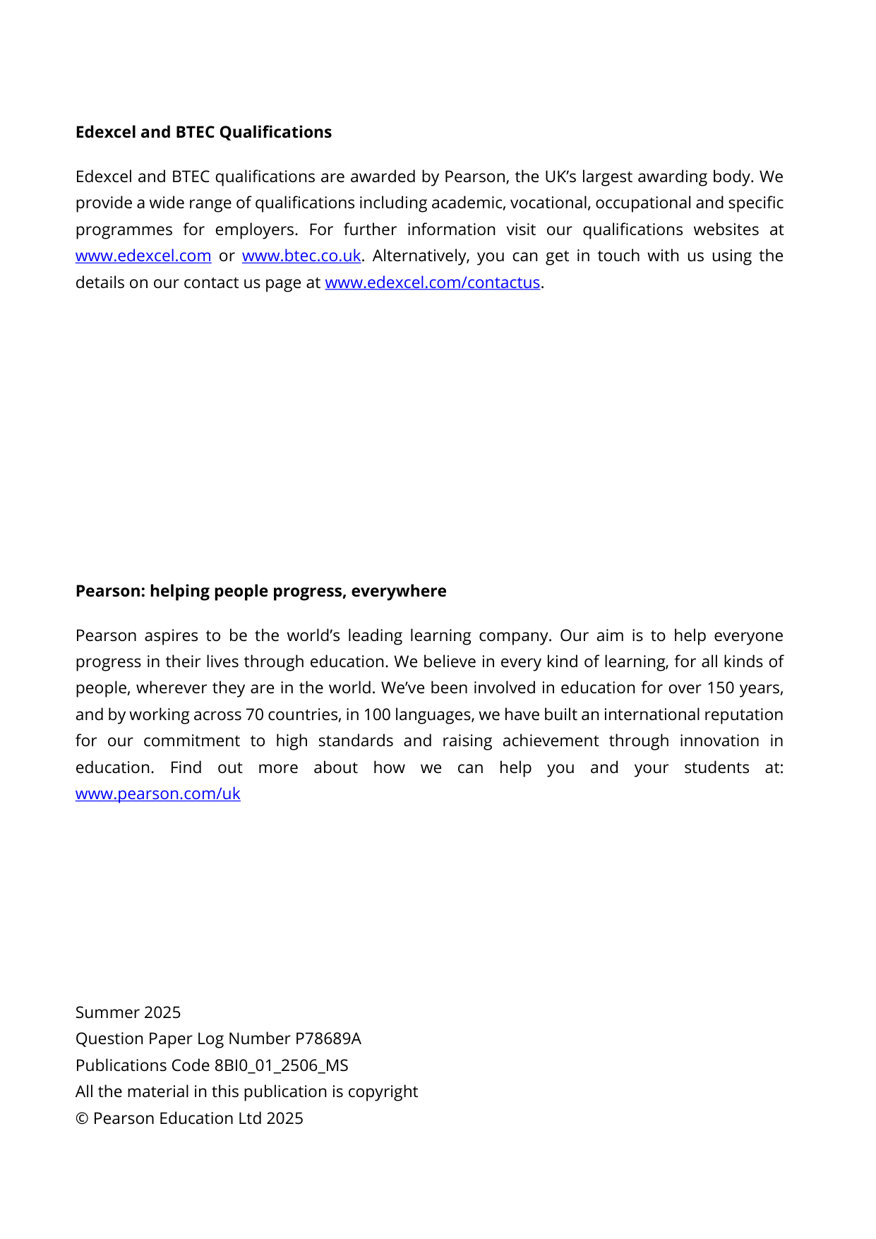 Pearson Edexcel AS Biology B Paper 1 2025 Mark Scheme