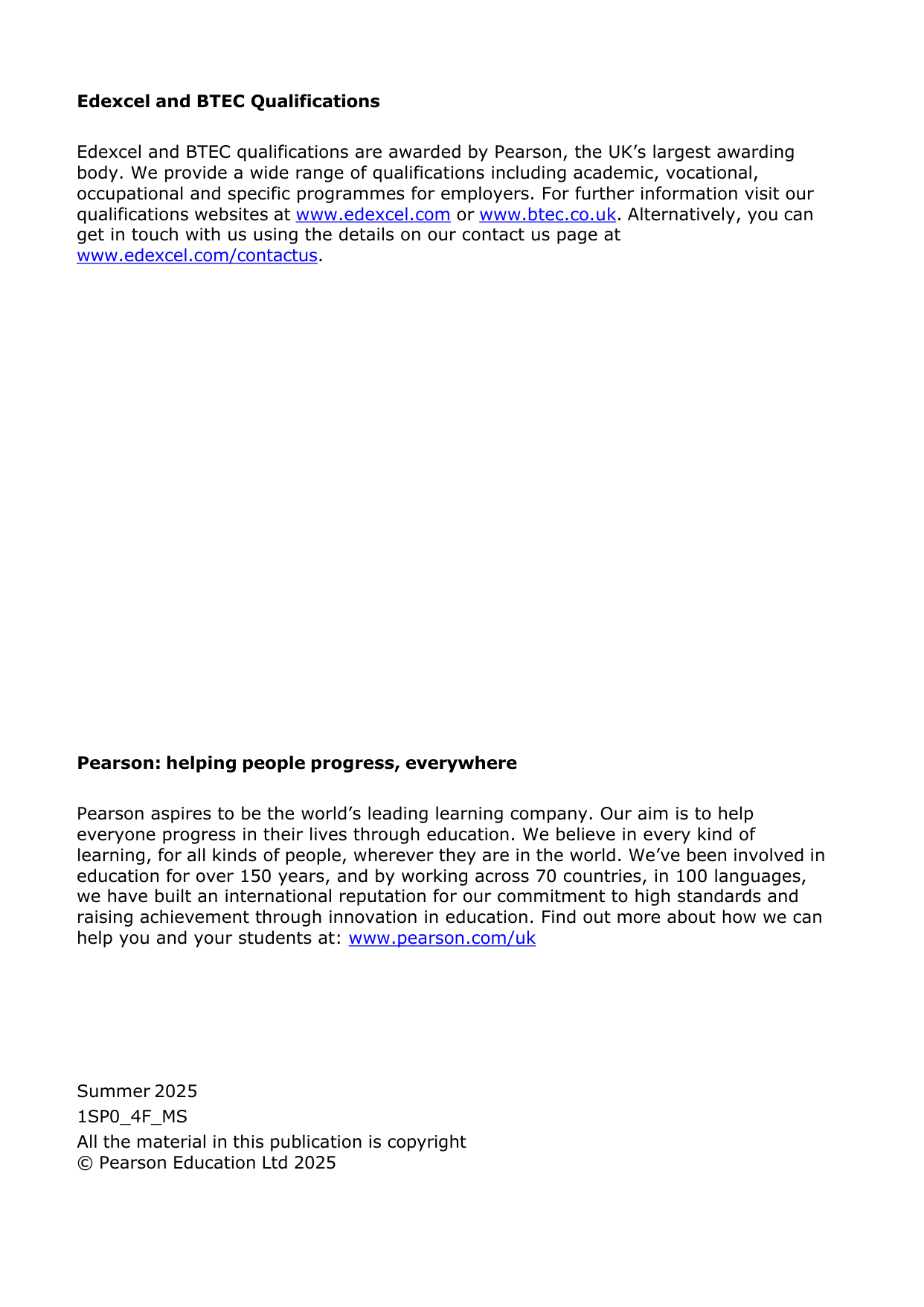 Pearson Edexcel GCSE Spanish Paper 4F 2025 Mark Scheme