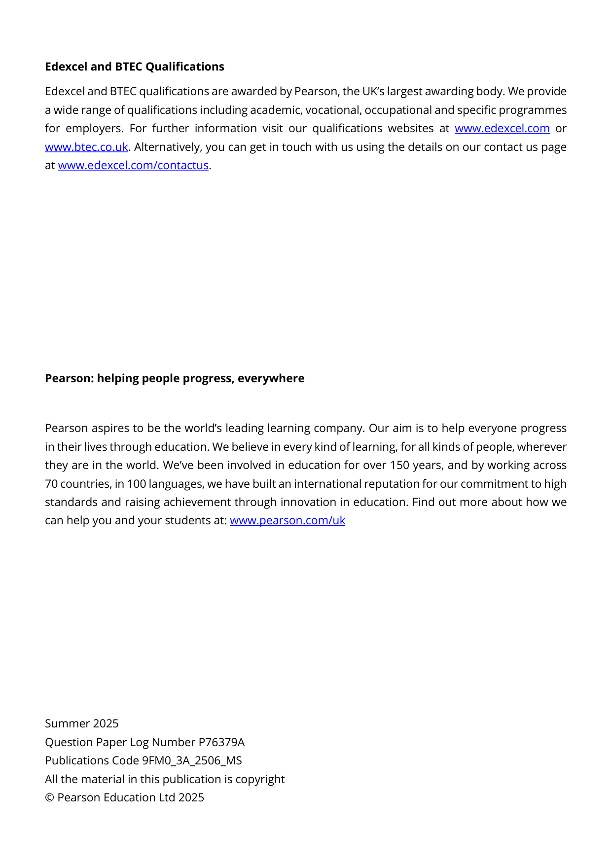 Pearson Edexcel A Level Further Mathematics Paper 3A 2025 Ms