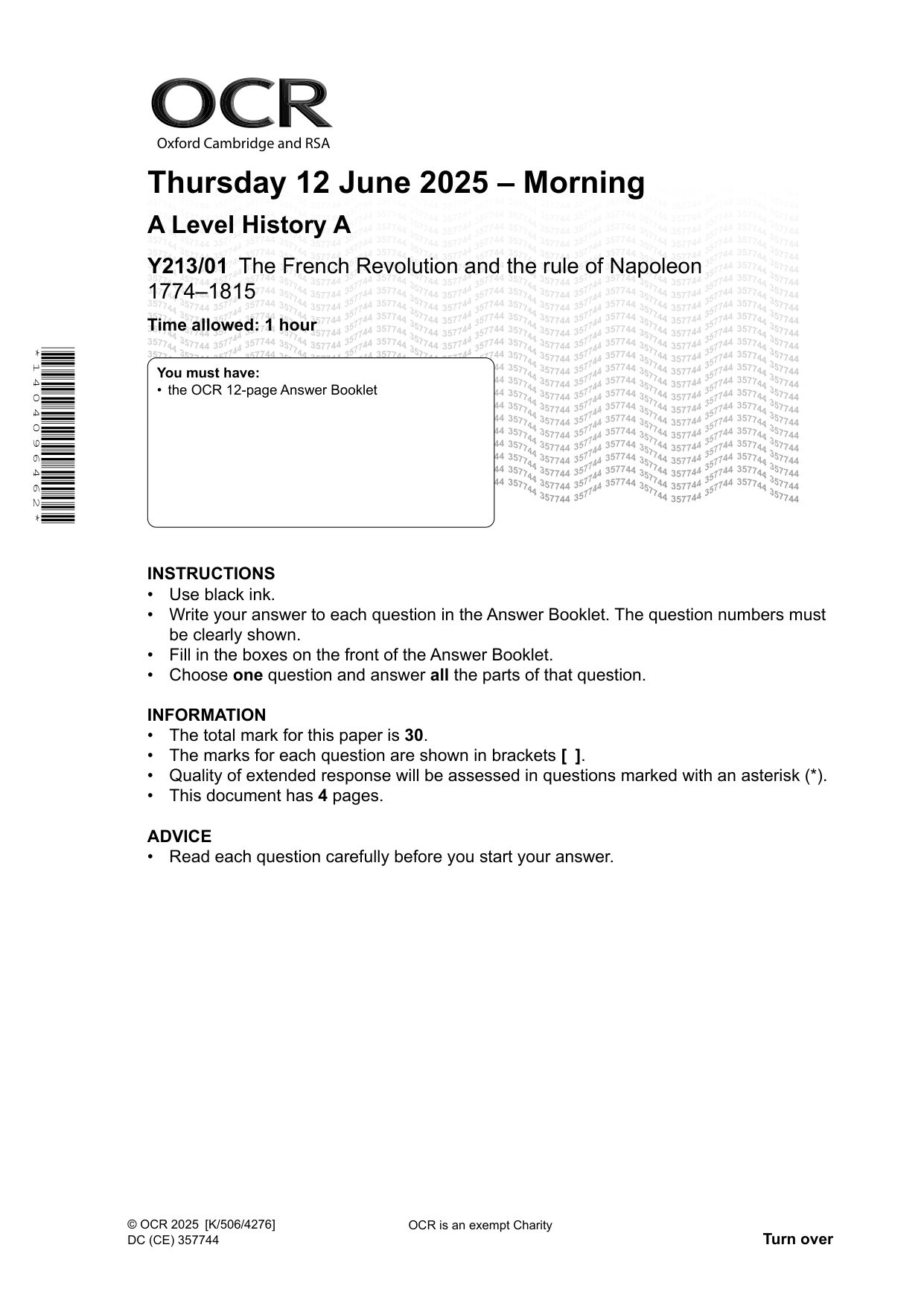 OCR A Level History A French Revolution 2025 Question Paper