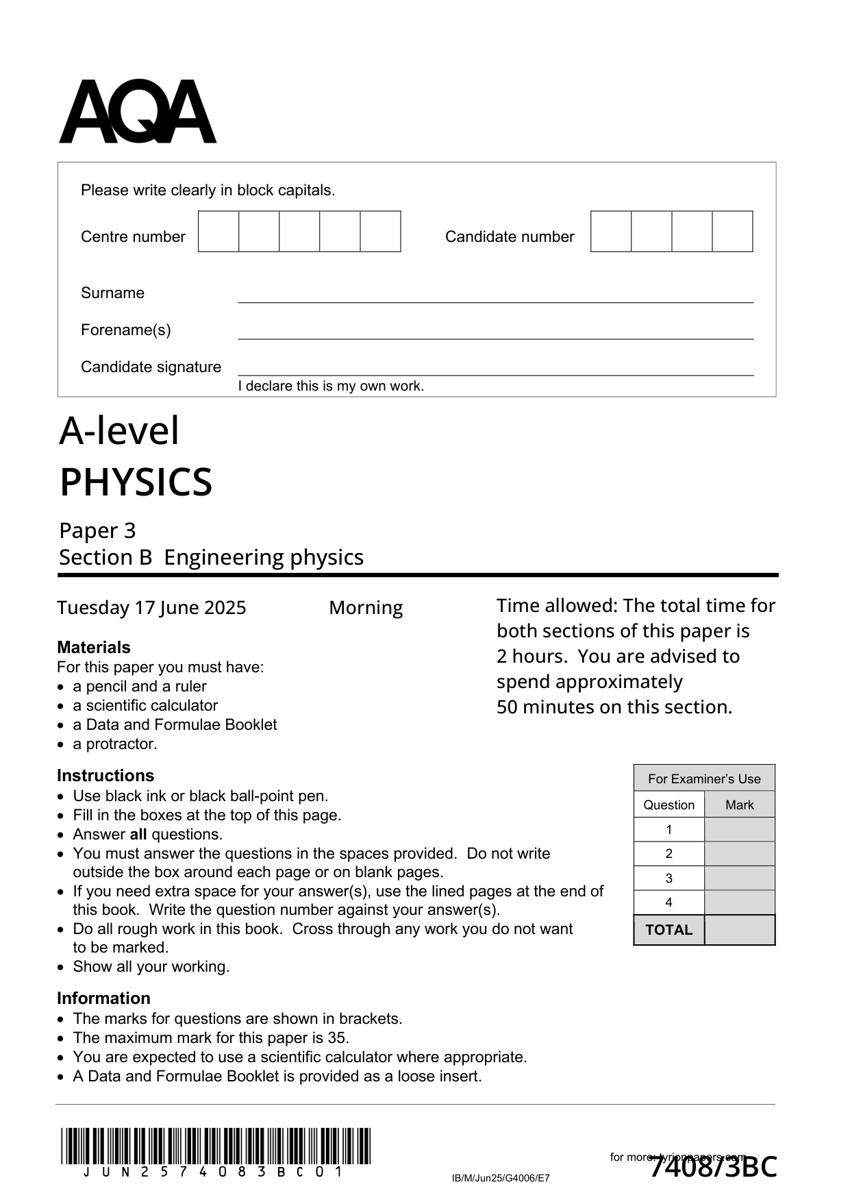 AQA A Level Physics Paper 3BC 2025 Question Paper