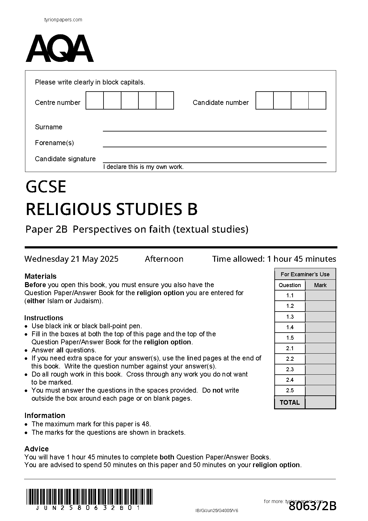AQA GCSE Religious Studies B Paper 2b 2025 Question Paper IMG-1