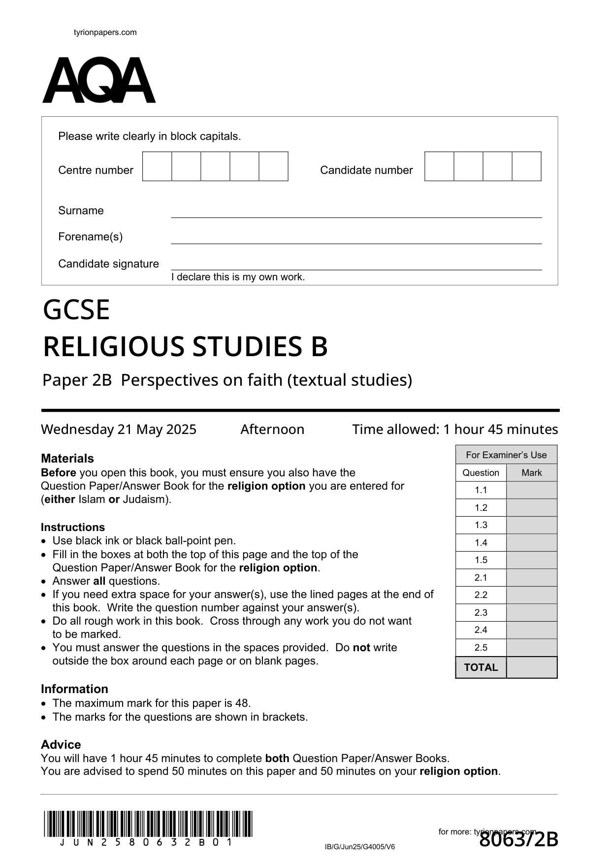 AQA GCSE Religious Studies B Paper 2b 2025 Question Paper