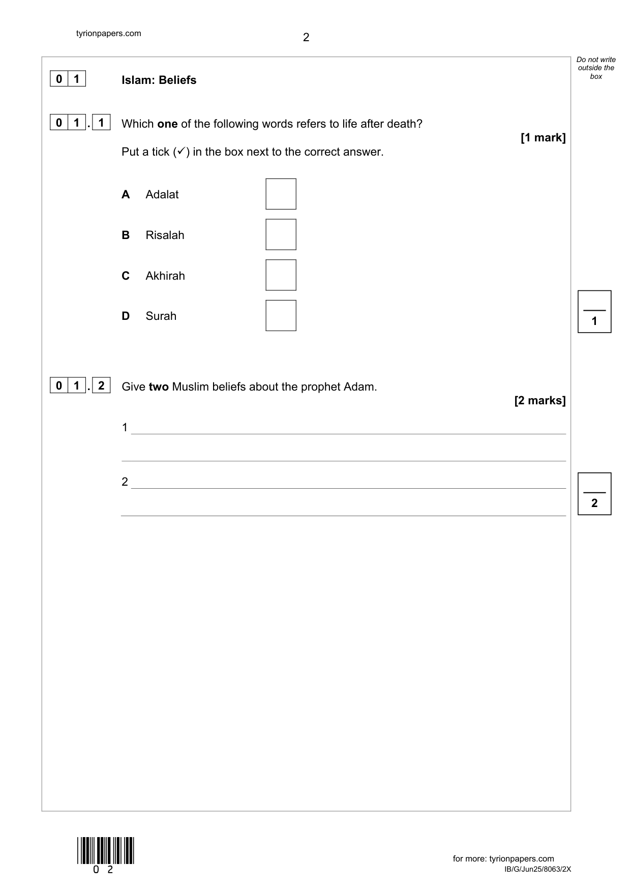 AQA GCSE Religious Studies B Paper 2x 2025 Question Paper