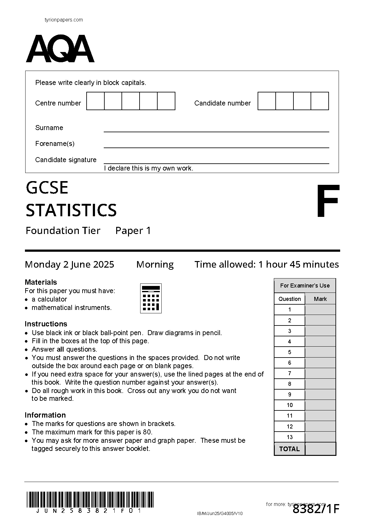 AQA GCSE Statistics Paper 1F Question Paper IMG-1