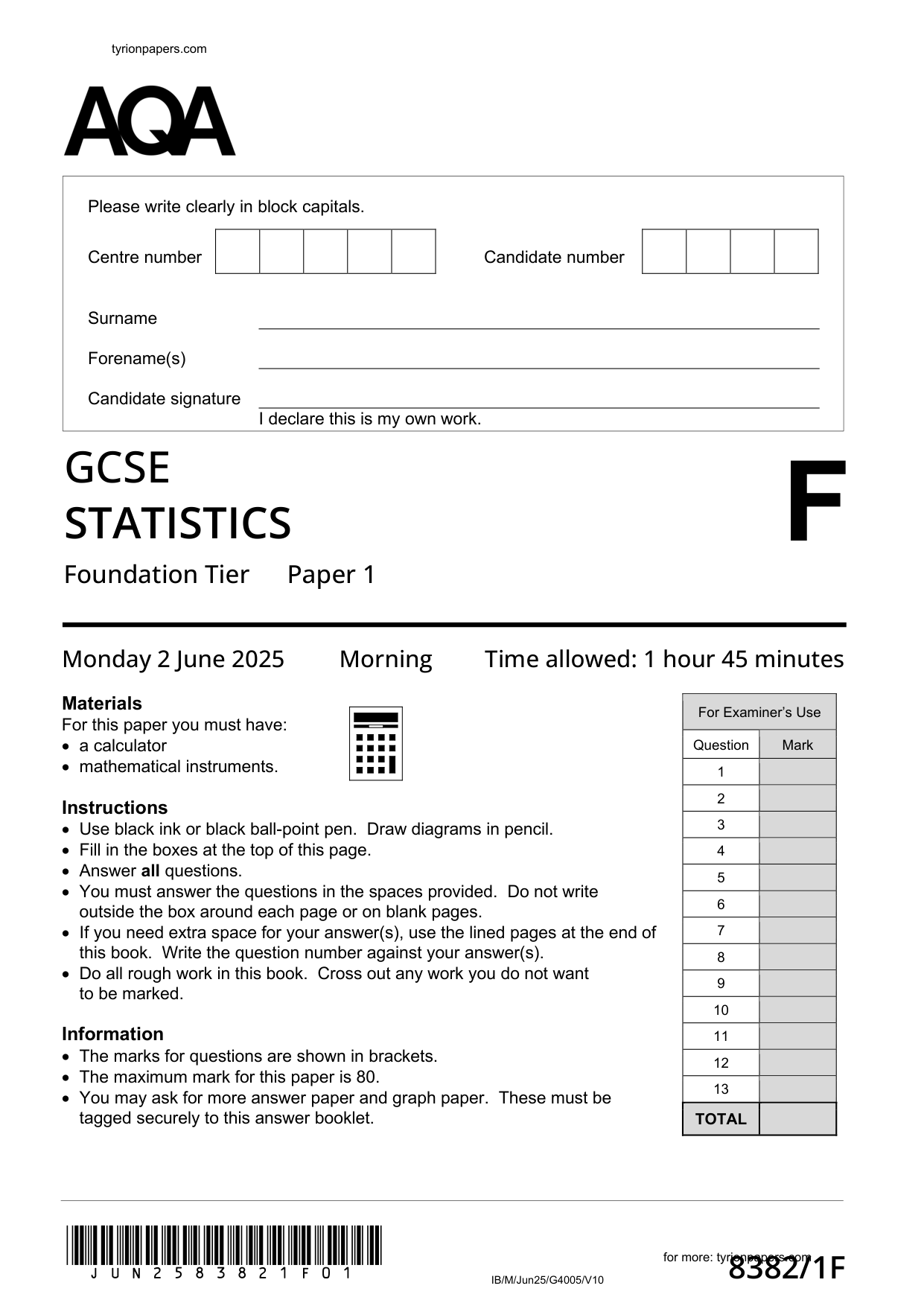 AQA GCSE Statistics Paper 1F Question Paper