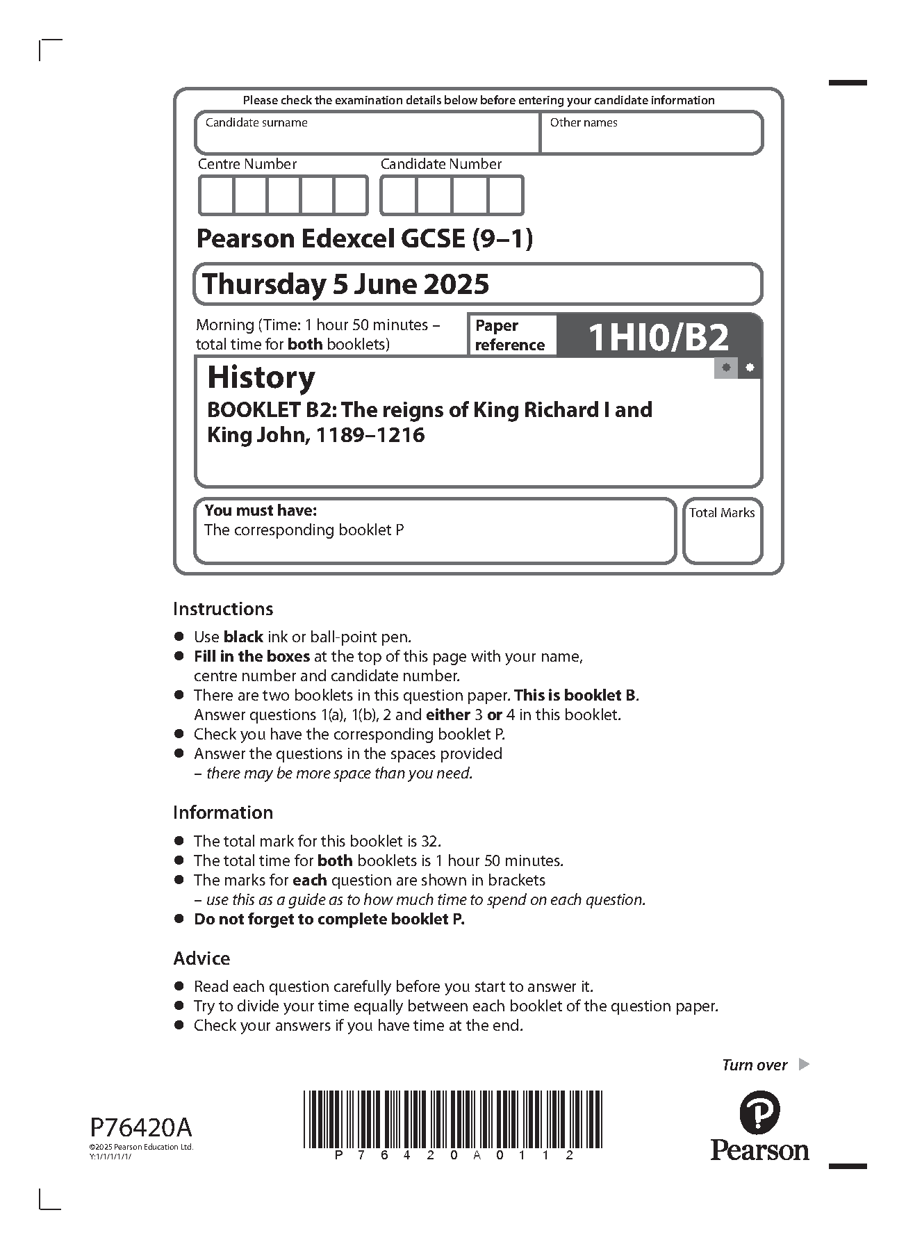 Pearson Edexcel GCSE History Paper B2 2025 Question Paper IMG-1