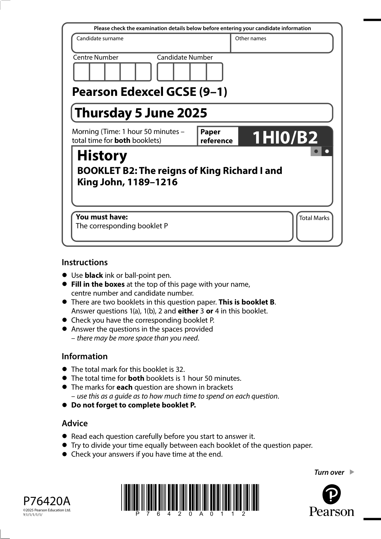 Pearson Edexcel GCSE History Paper B2 2025 Question Paper