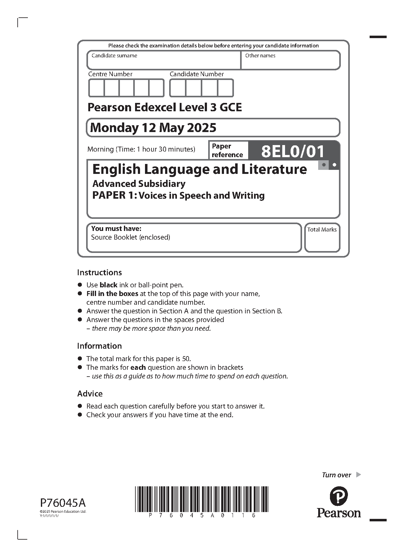 Pearson Edexcel AS English Language and Literature Paper 1 IMG-1
