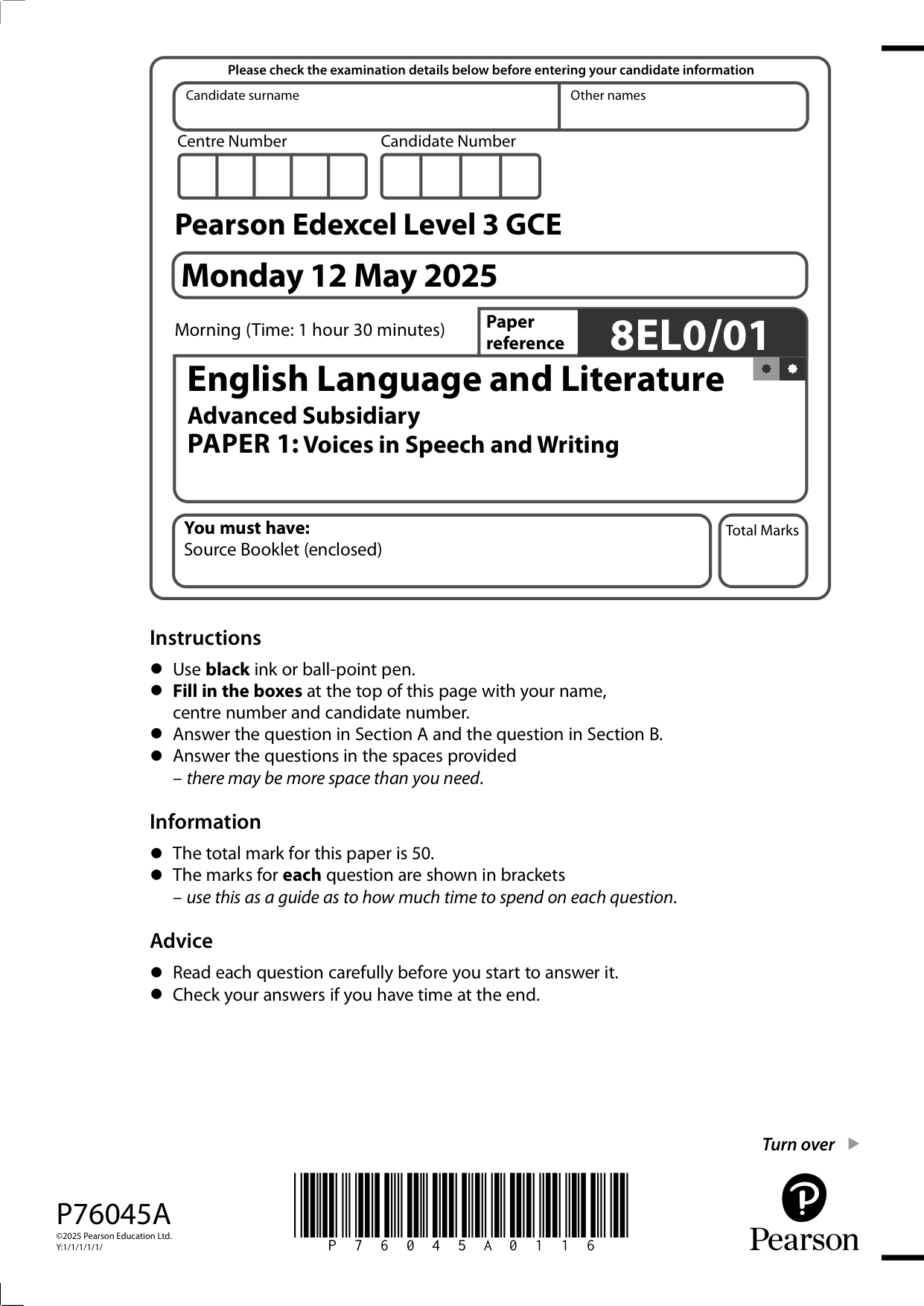 Pearson Edexcel AS English Language and Literature Paper 1