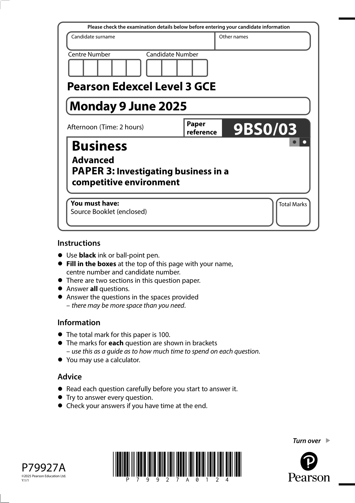 Pearson Edexcel A Level Business Paper 3 2025 Question Paper