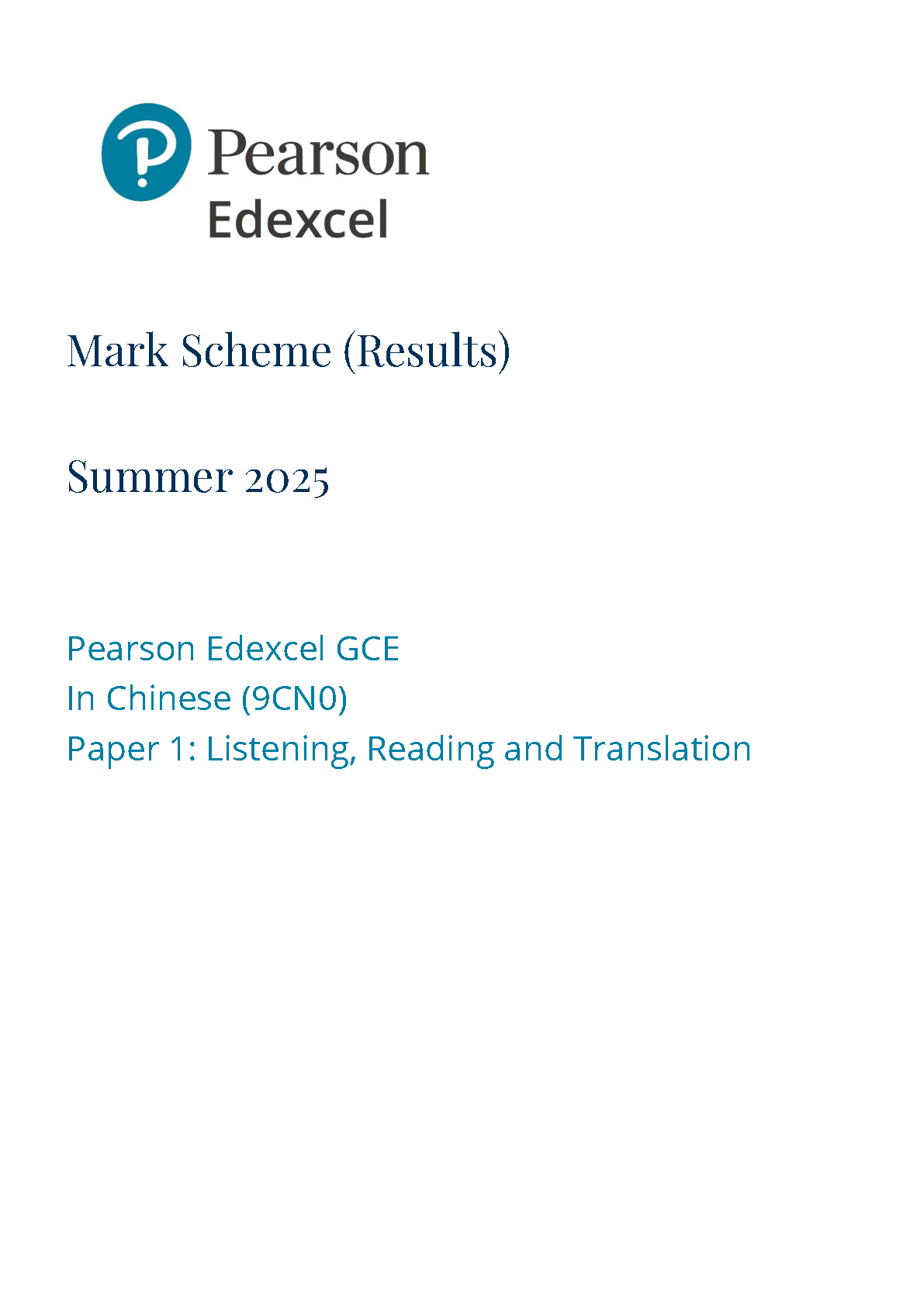Pearson Edexcel A Level Chinese Paper 1 2025 Mark scheme