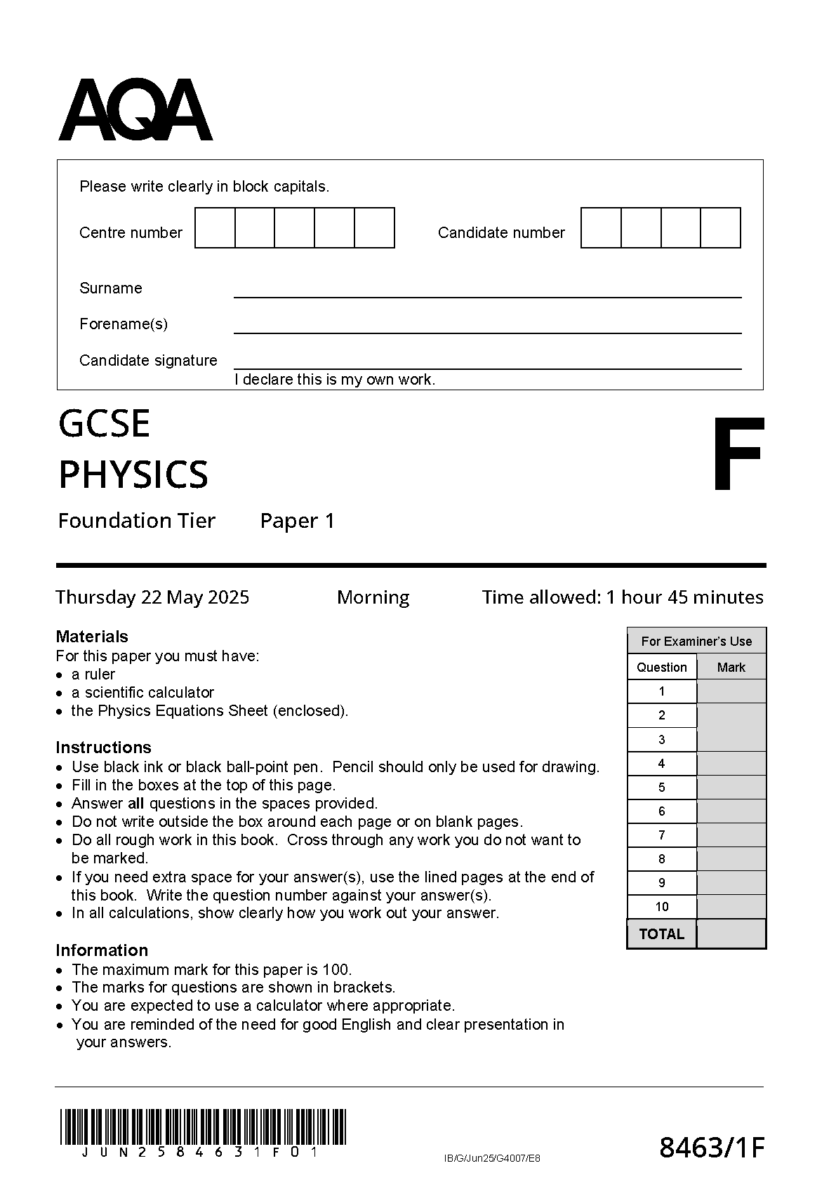 AQA GCSE Physics 1F 2025 Question Paper PDF IMG-1