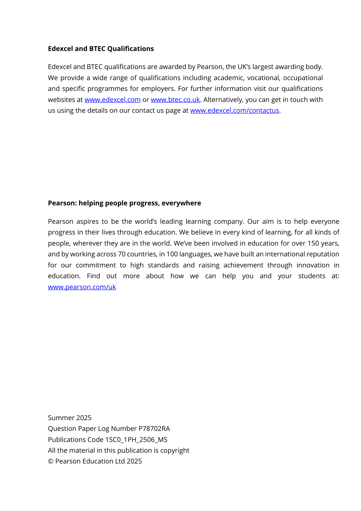 Pearson Edexcel GCSE Combined Science Paper 3 Higher 2025 MS