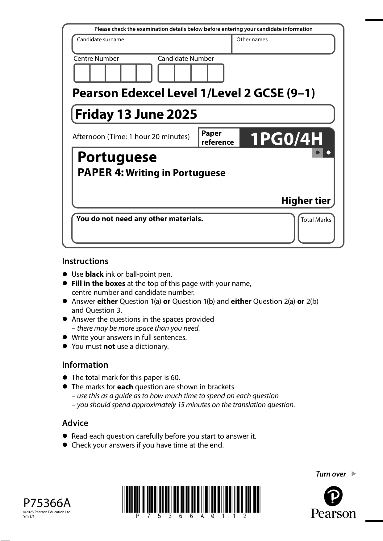 Pearson Edexcel GCSE Portuguese Paper 4H 2025 Question Paper