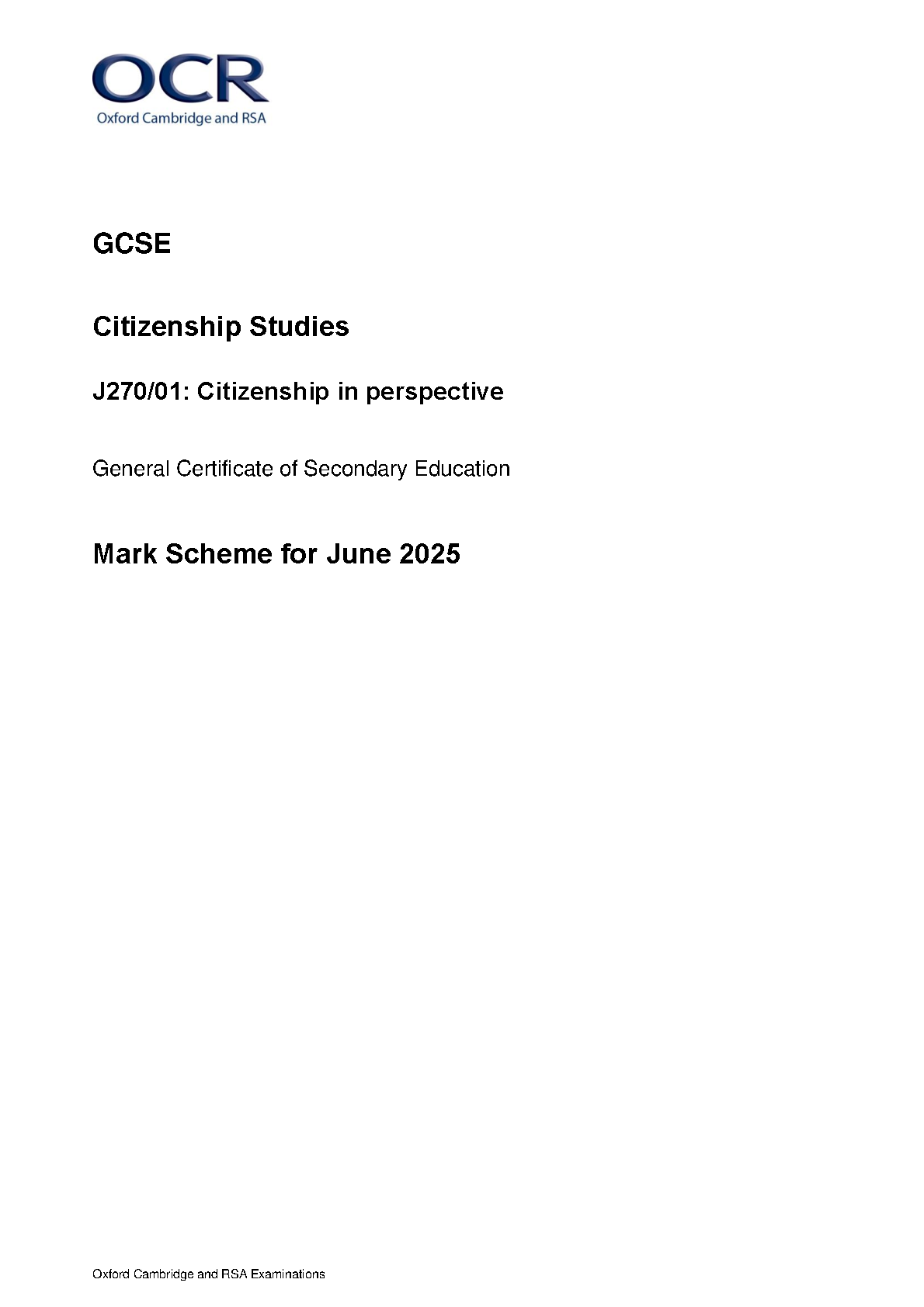 OCR GCSE Citizenship Studies Paper 1 2025 Mark Scheme