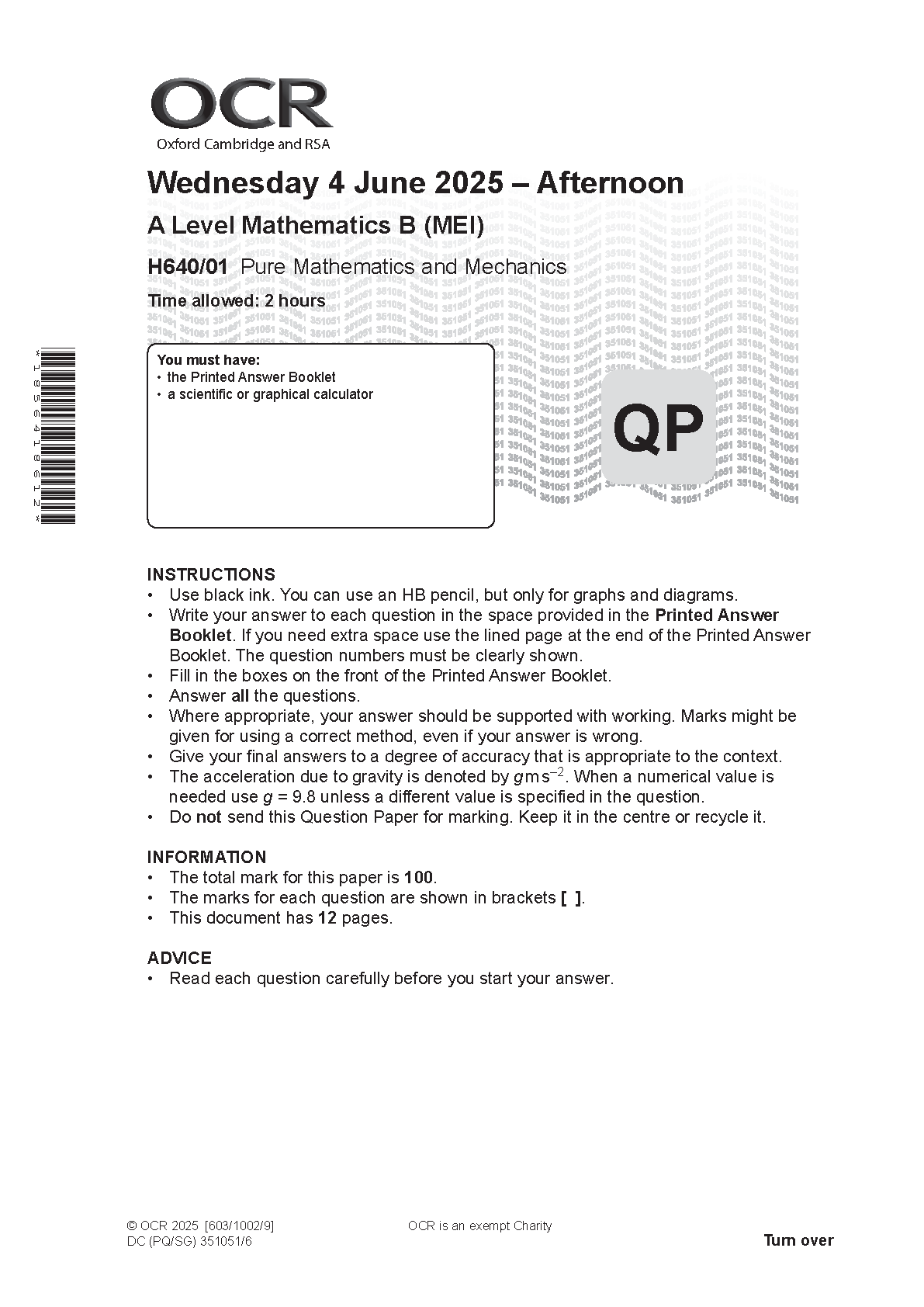 OCR A Level Mathematics B MEI Paper 1 2025 Question Paper IMG-1