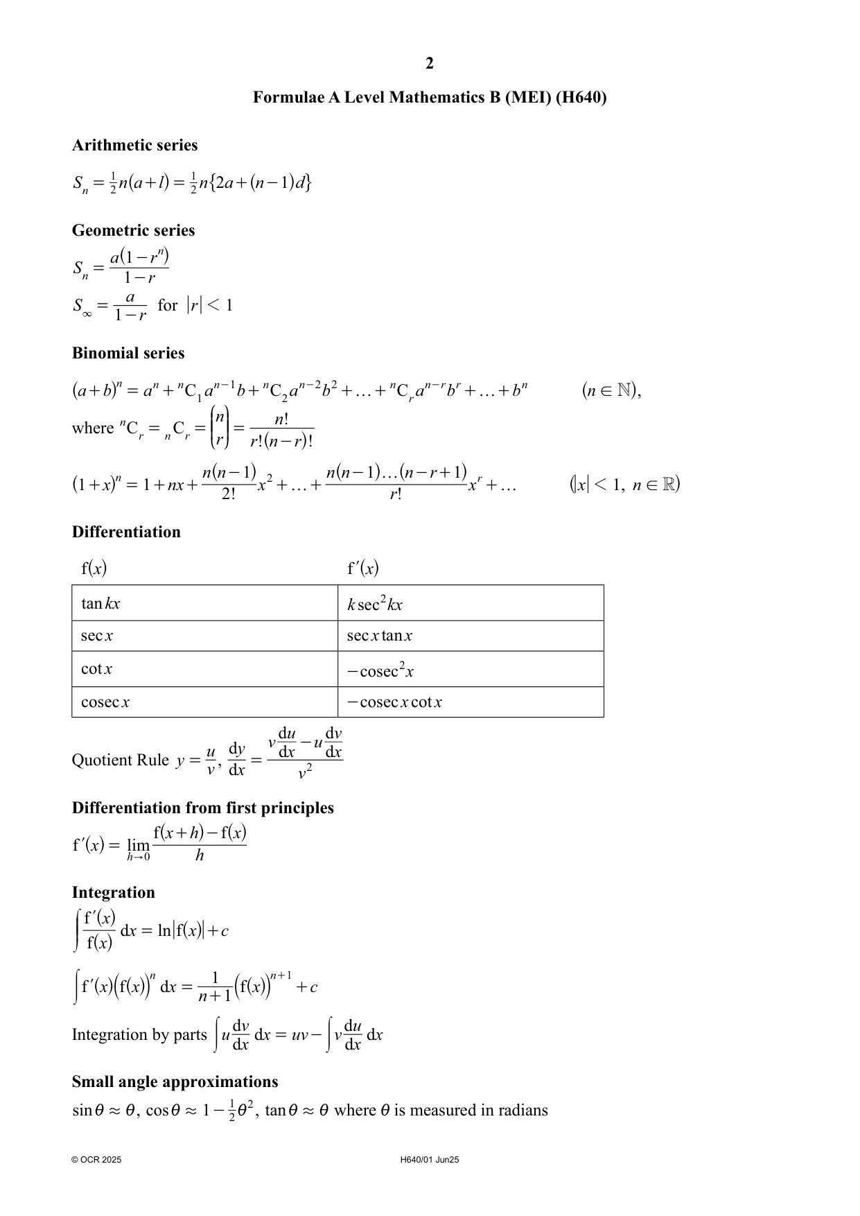 OCR A Level Mathematics B MEI Paper 1 2025 Question Paper