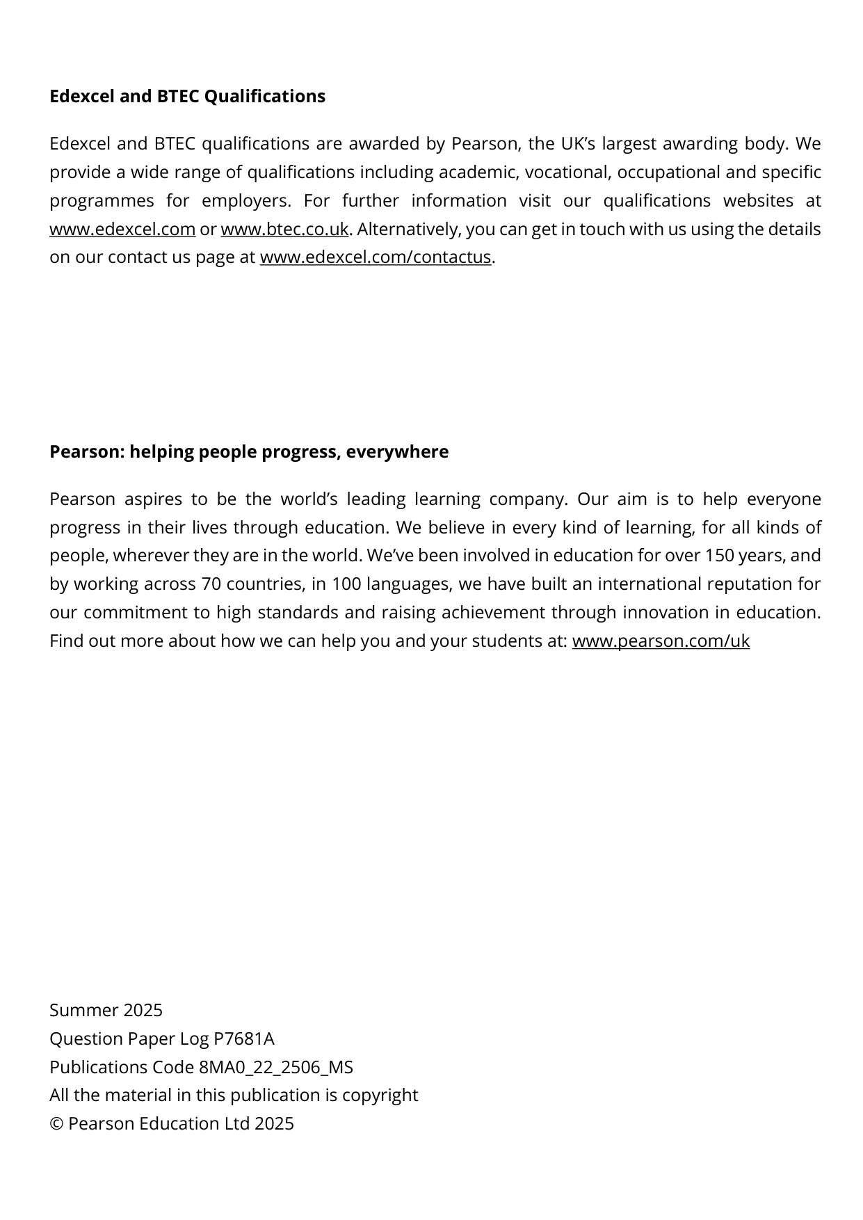 Pearson Edexcel AS Mathematics Paper 22 2025 Mark Scheme PDF