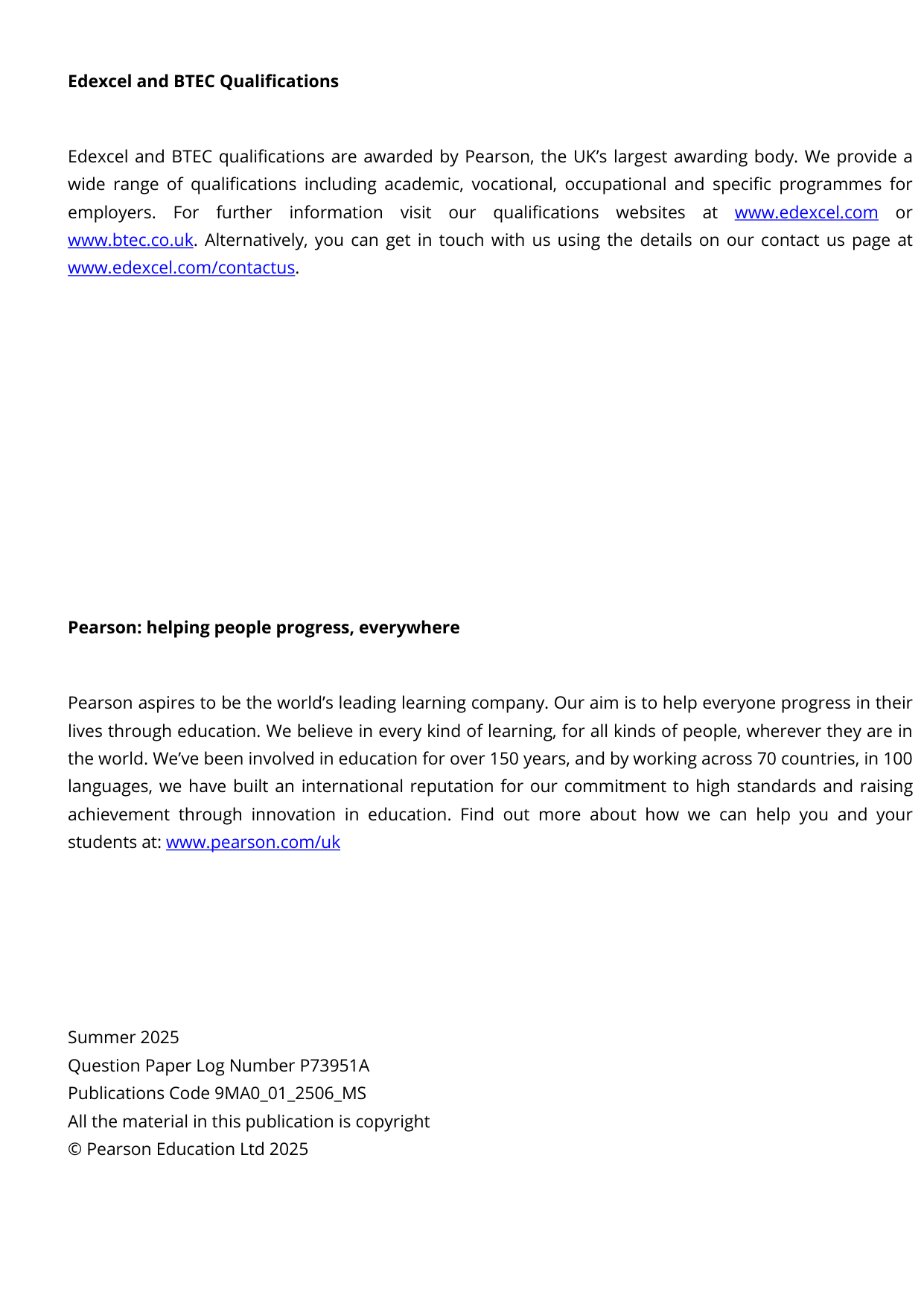 Pearson Edexcel A Level Mathematics Paper 1 2025 Ms