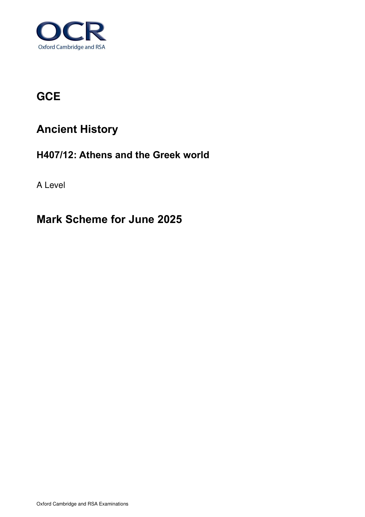 OCR A Level Ancient History Paper 12 2025 Mark Scheme