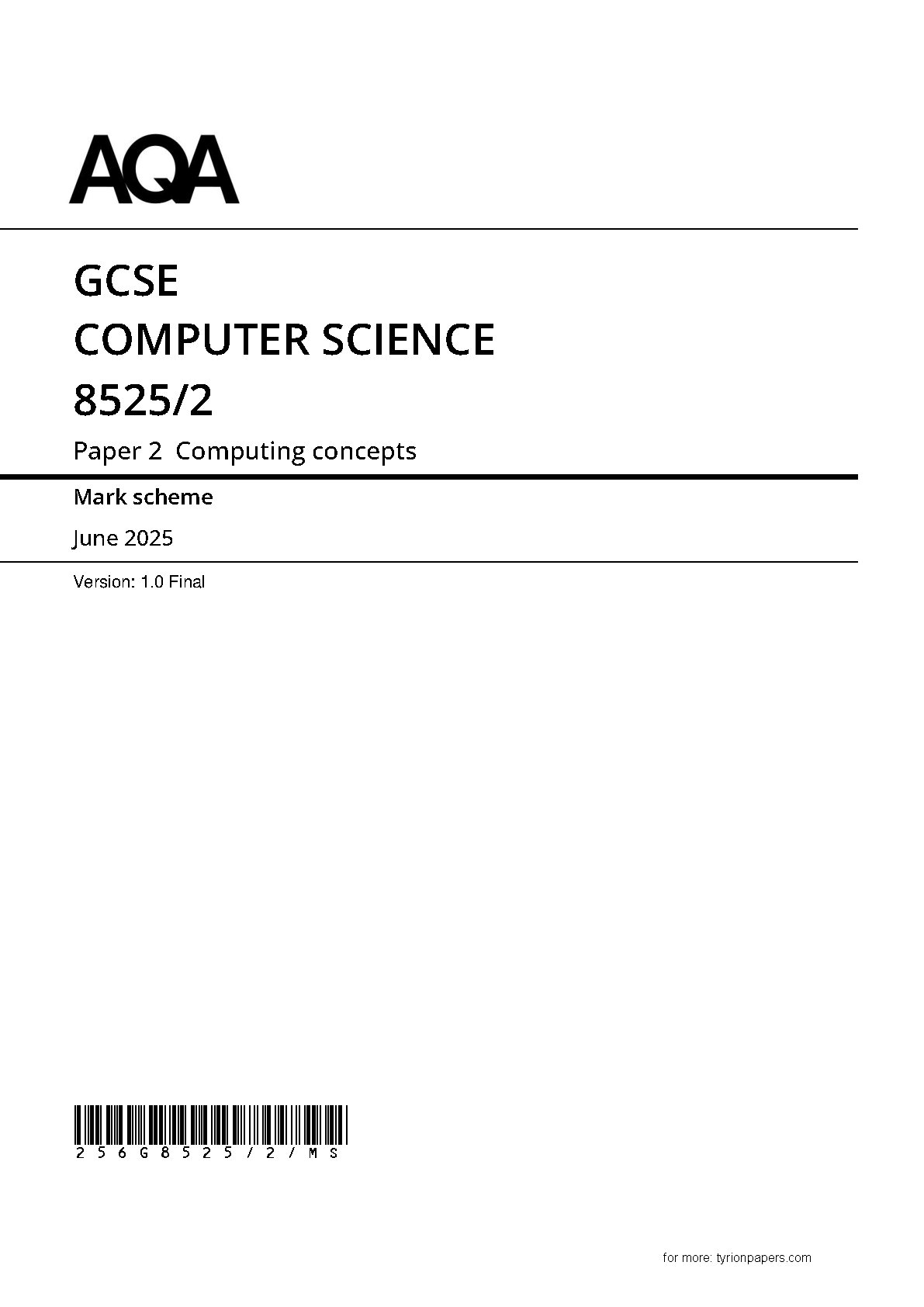 AQA GCSE Computer Science Paper 2 2025 Mark Scheme