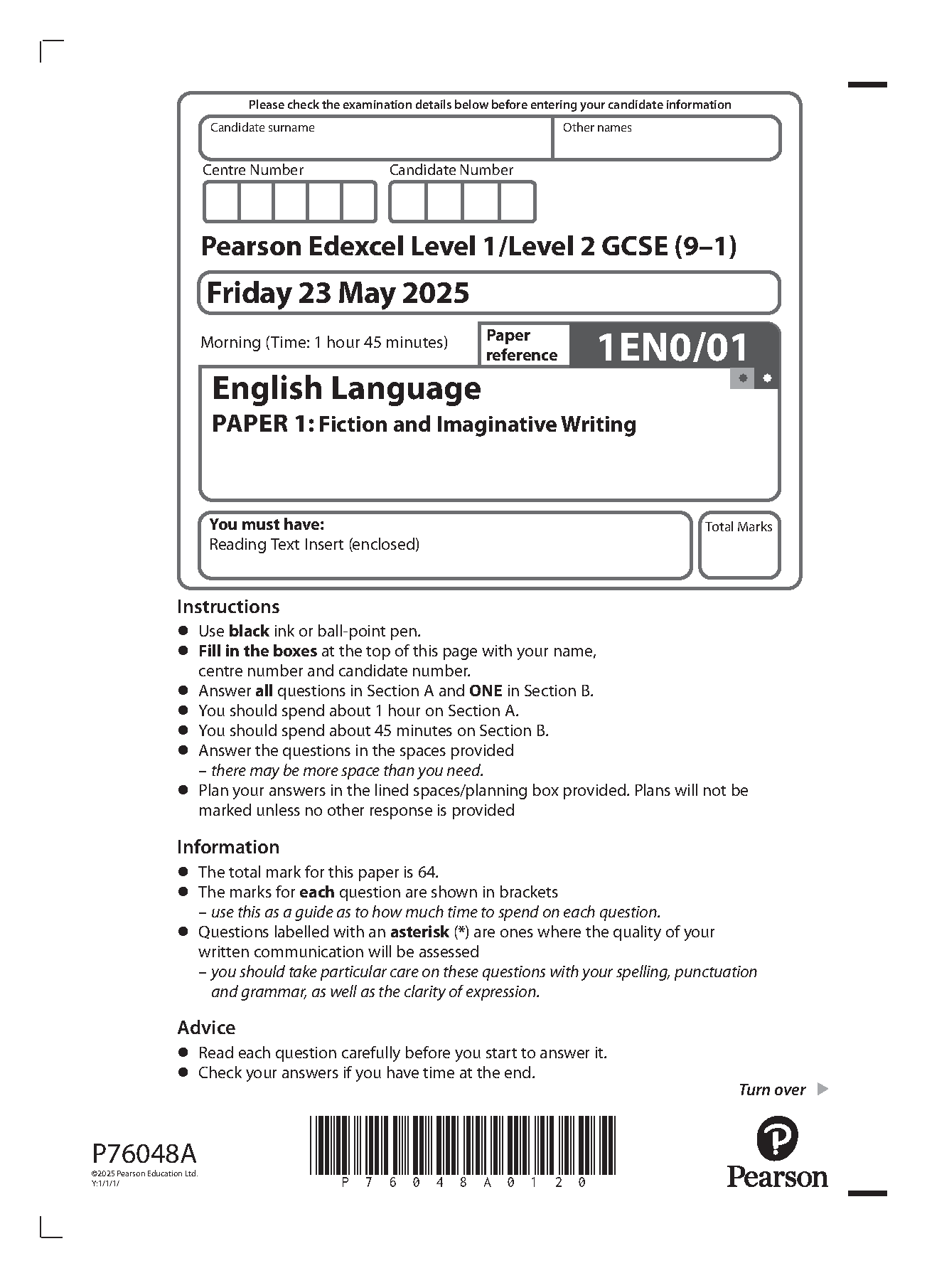 Pearson Edexcel GCSE English Language Paper 1 2025 QP PDF