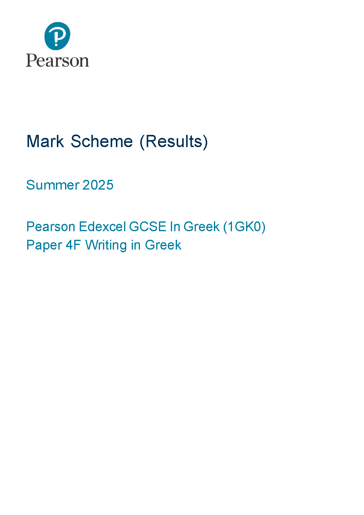 Pearson Edexcel GCSE Greek Paper 4F 2025 Mark Scheme PDF IMG-1