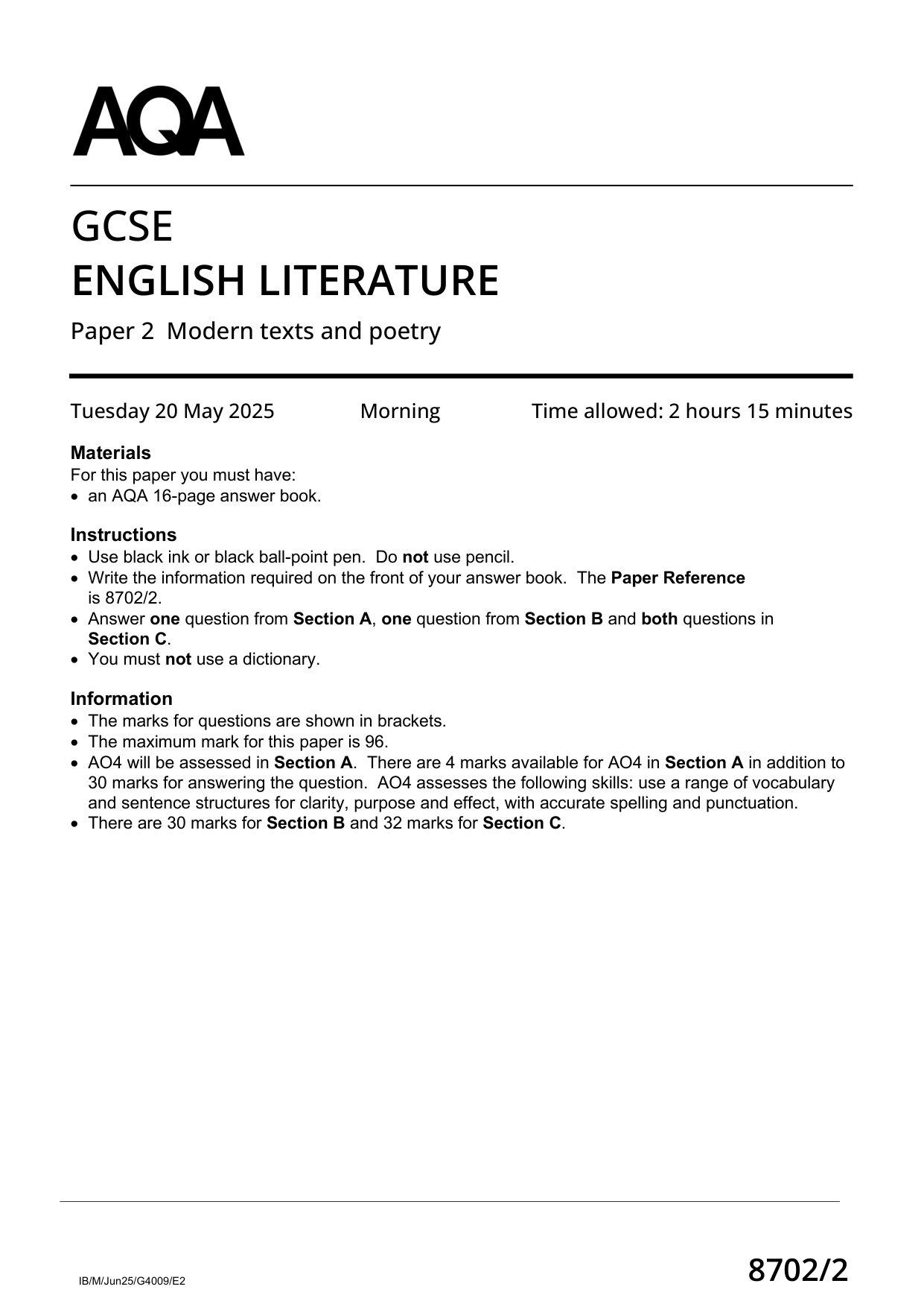 AQA GCSE English Literature Paper 2 2025 Question Paper