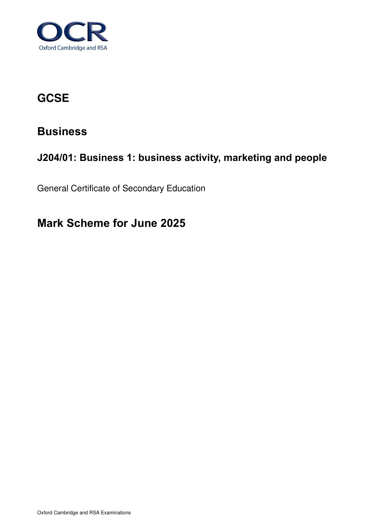 OCR GCSE Business Paper 01 2025 Mark Scheme