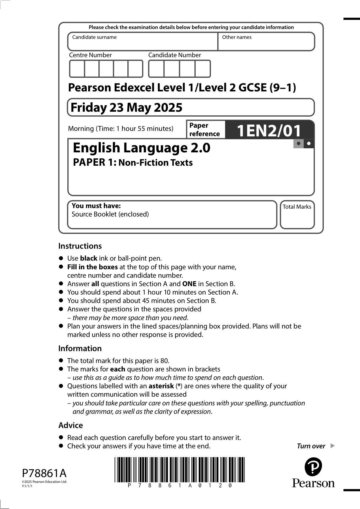 Pearson Edexcel GCSE English Language 2.0 Paper 1 2025 QP