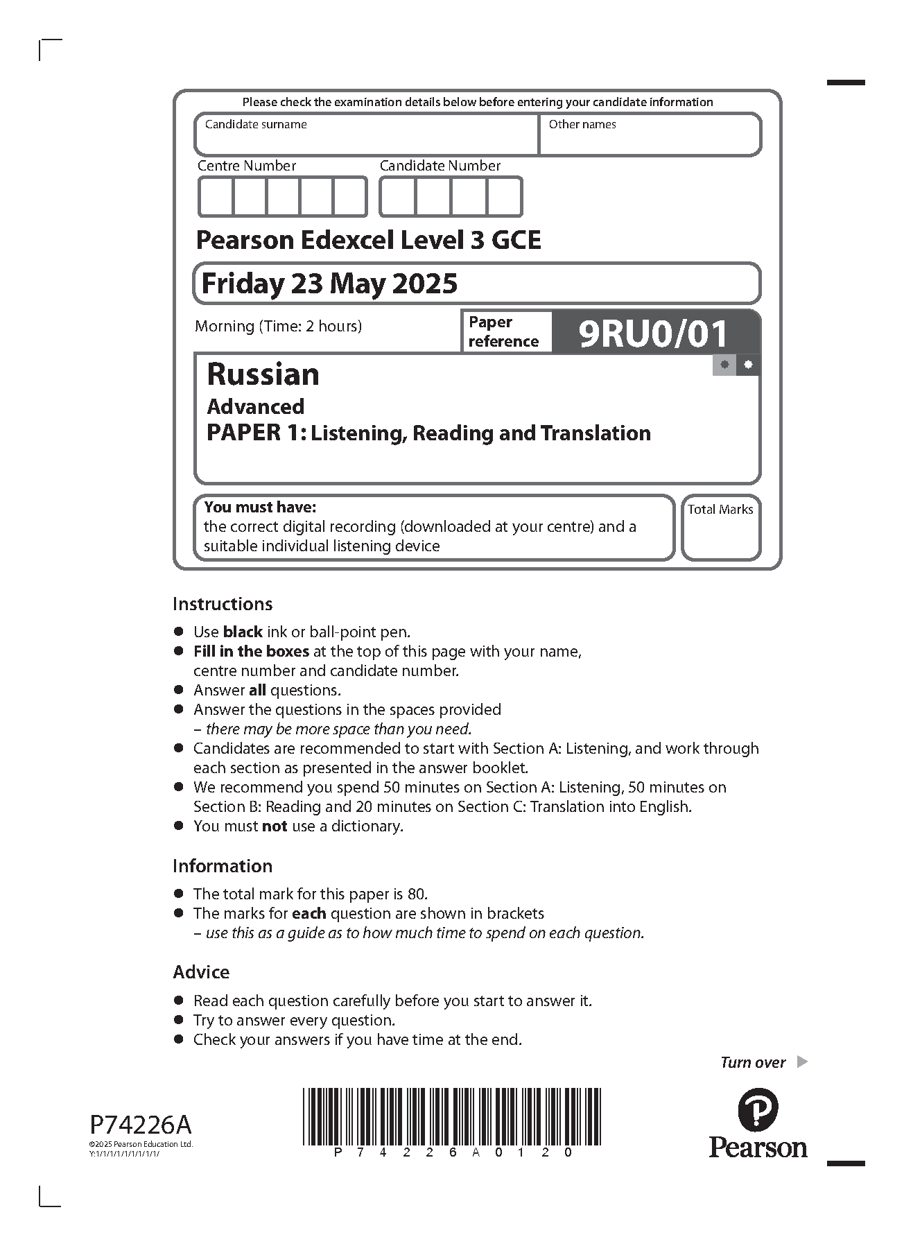 Pearson Edexcel A Level Russian Paper 1 2025 Question Paper IMG-1