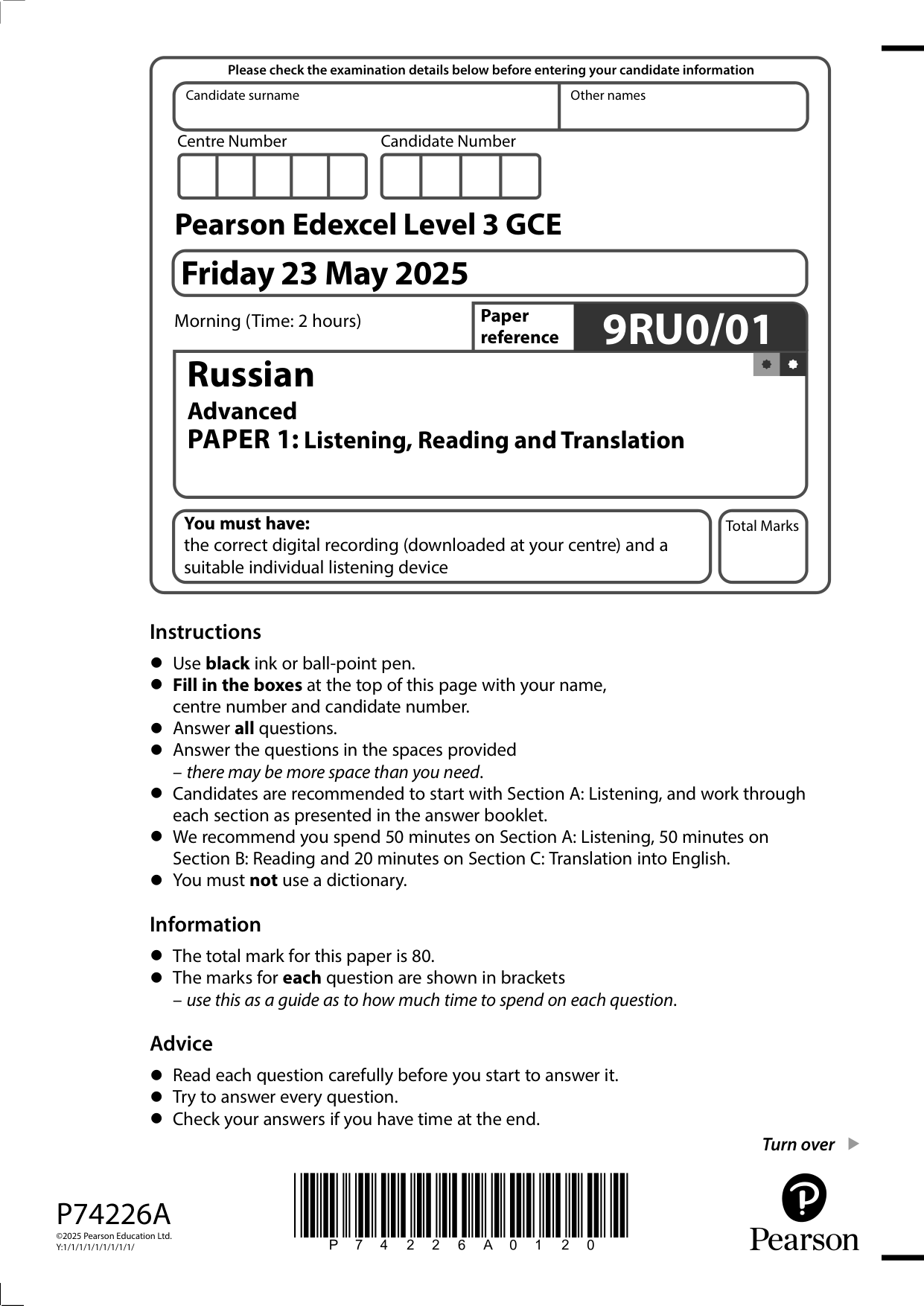 Pearson Edexcel A Level Russian Paper 1 2025 Question Paper