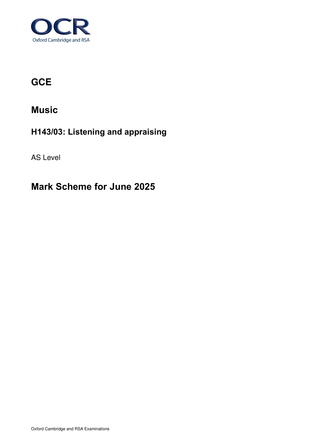 OCR AS Music Paper 3 2025 Mark Scheme PDF
