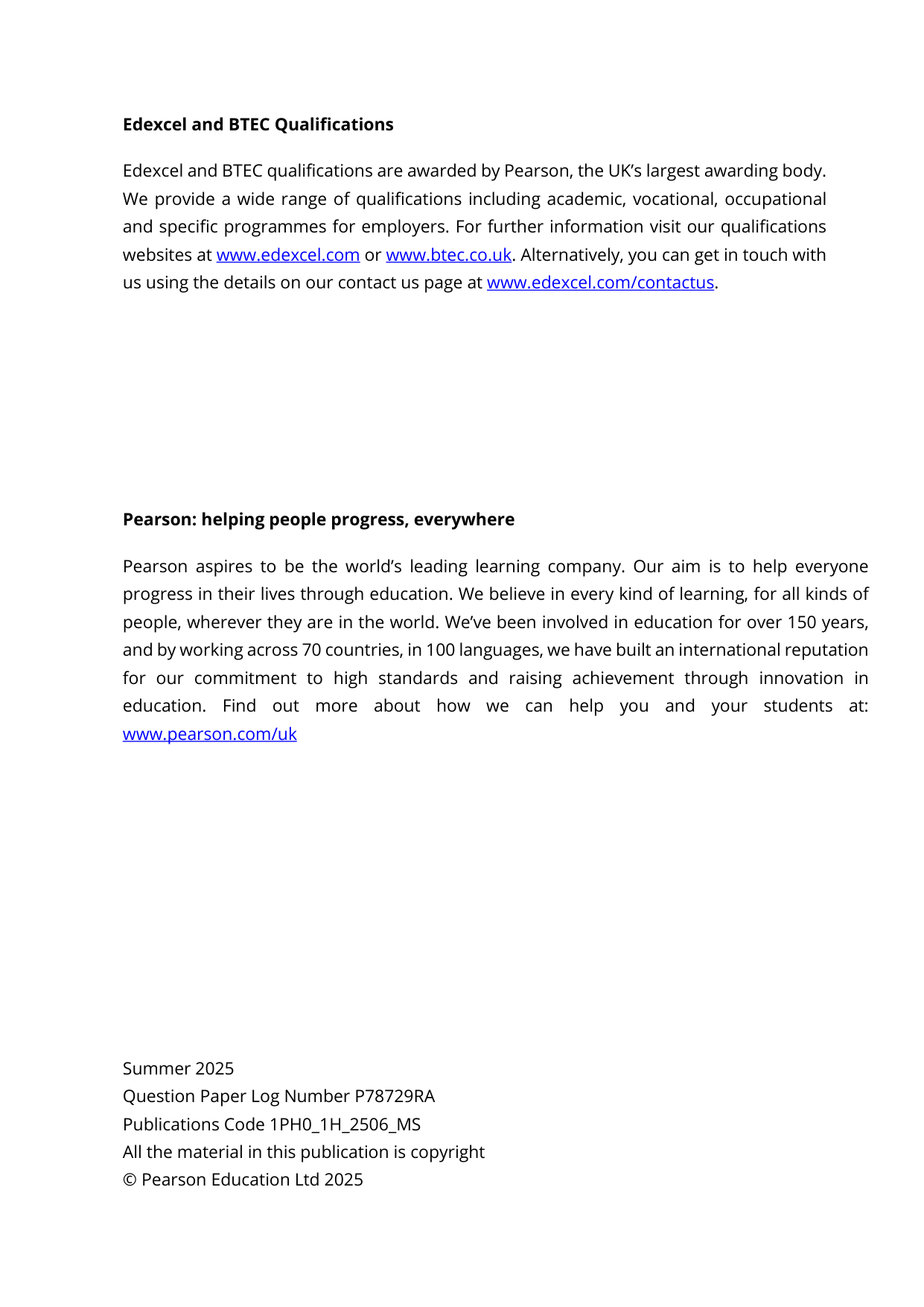 Pearson Edexcel GCSE Physics Paper 1H 2025 Mark Scheme
