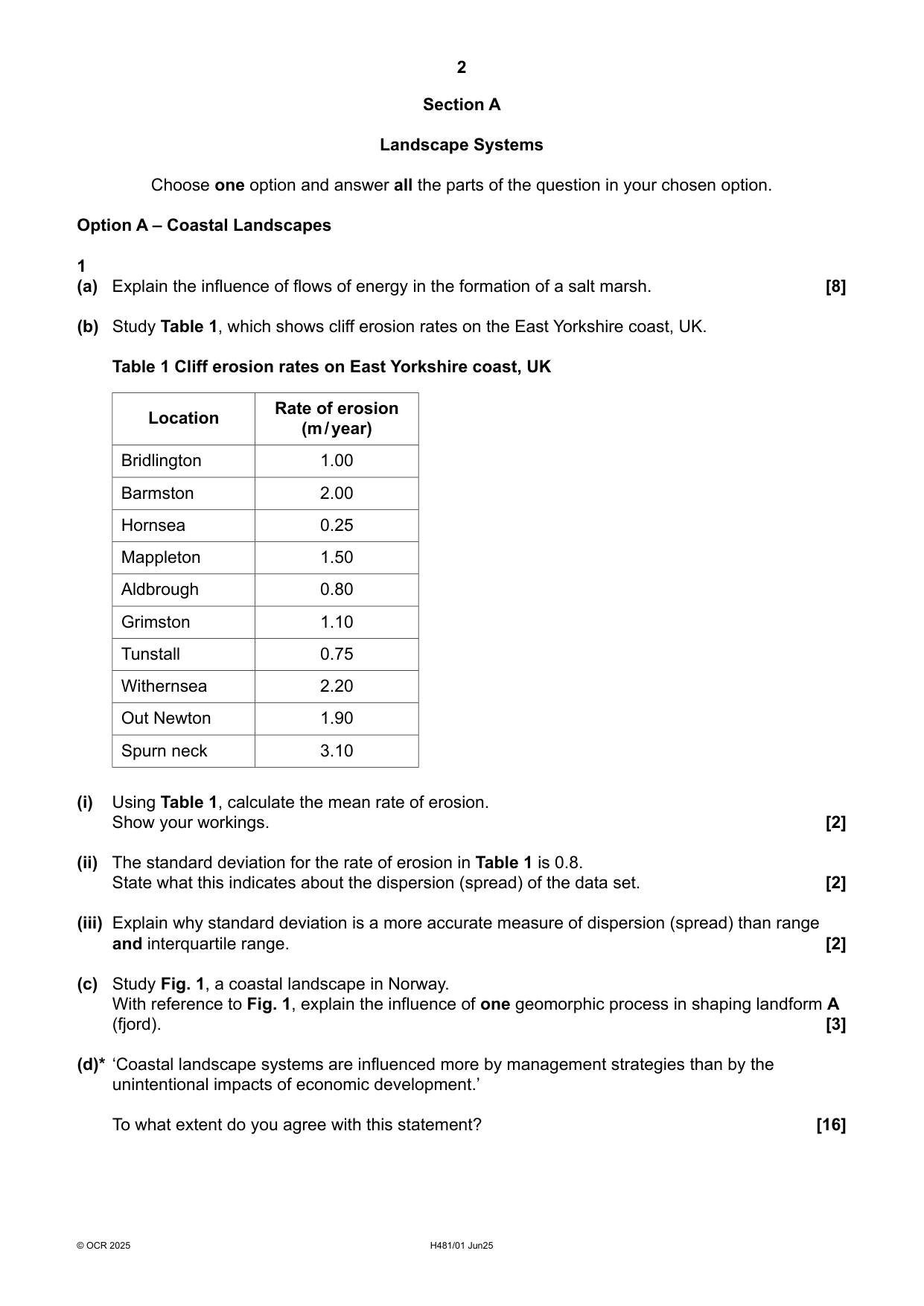 OCR A Level Geography Paper 1 2025 Question Paper