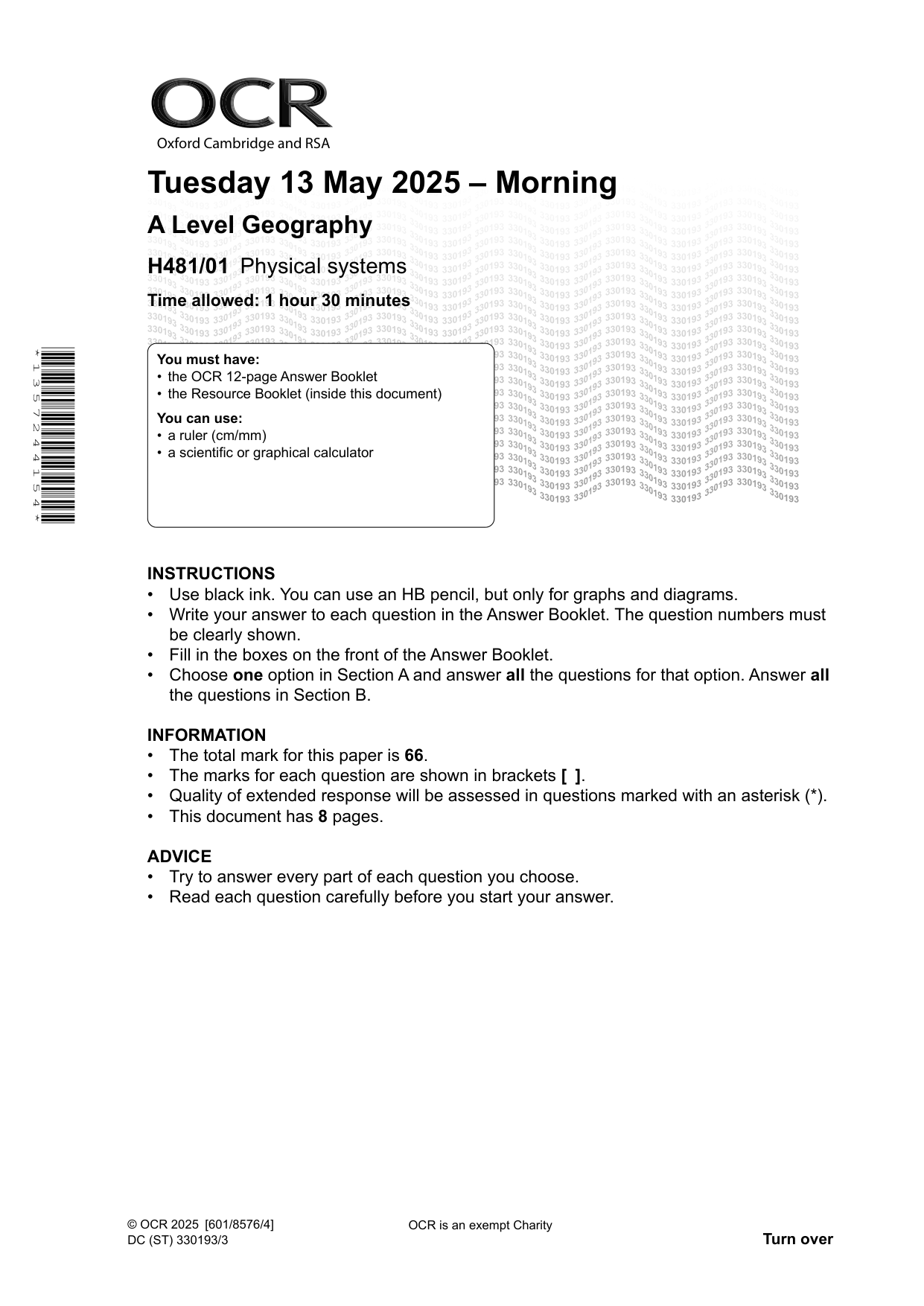 OCR A Level Geography Paper 1 2025 Question Paper