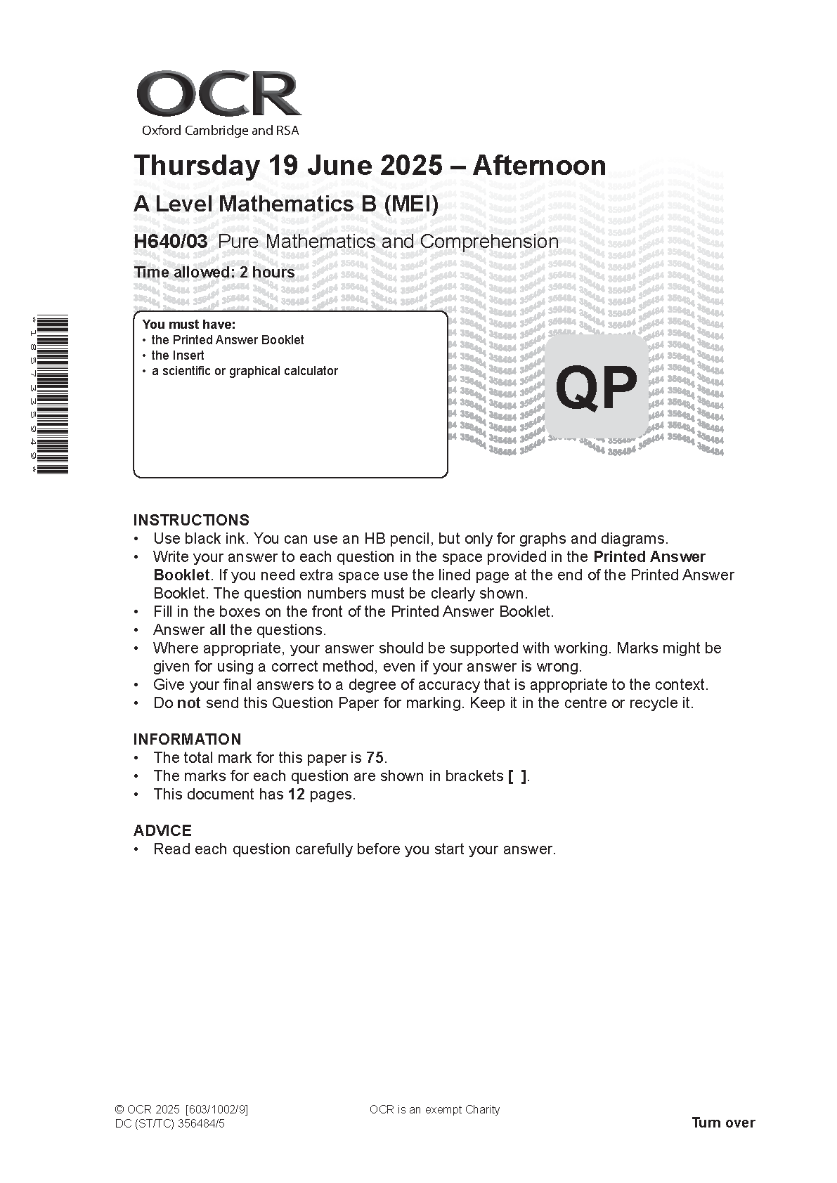 OCR A Level Mathematics B MEI Paper 3 2025 Question Paper