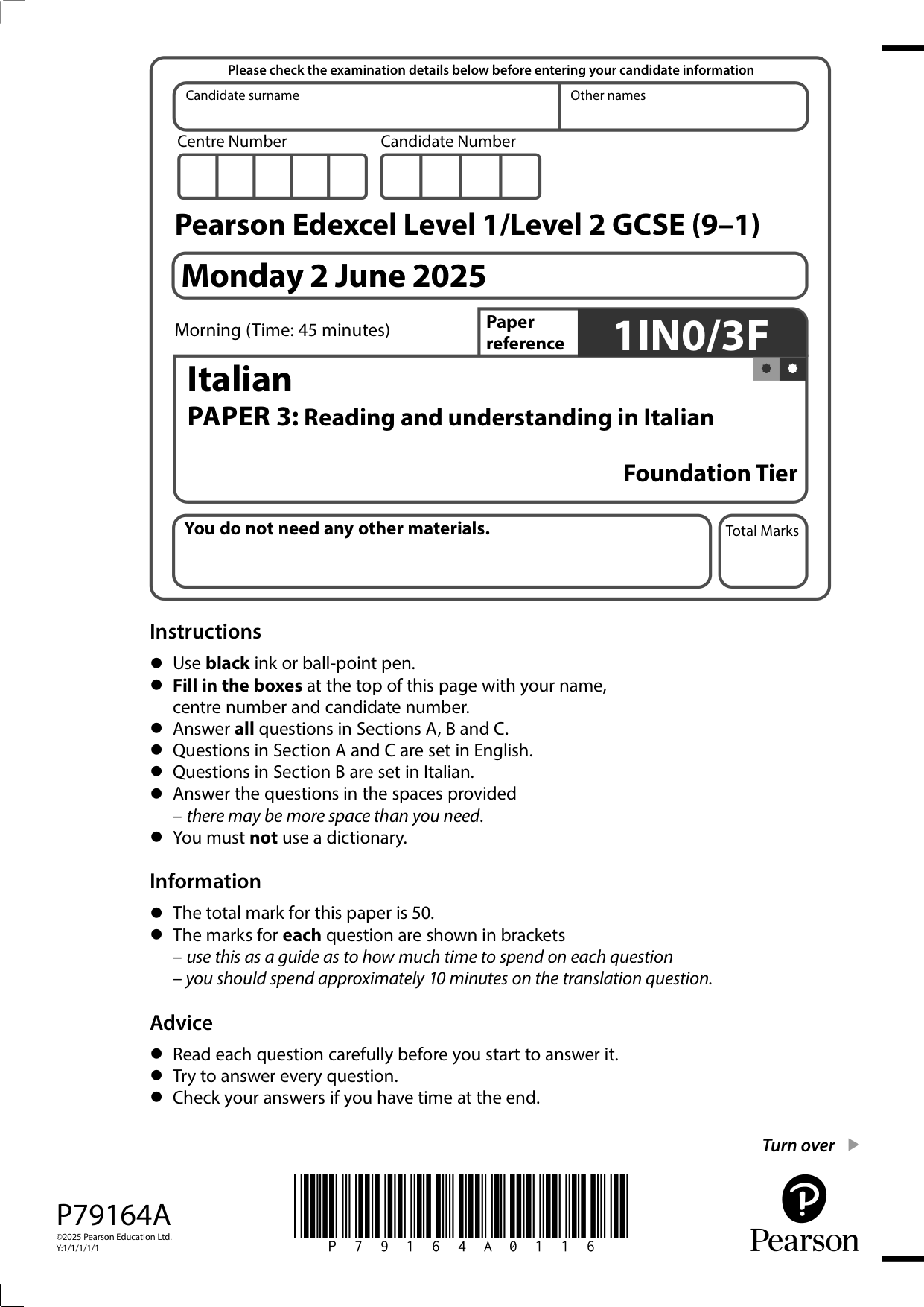 Pearson Edexcel GCSE Italian Paper 3F 2025 Question Paper